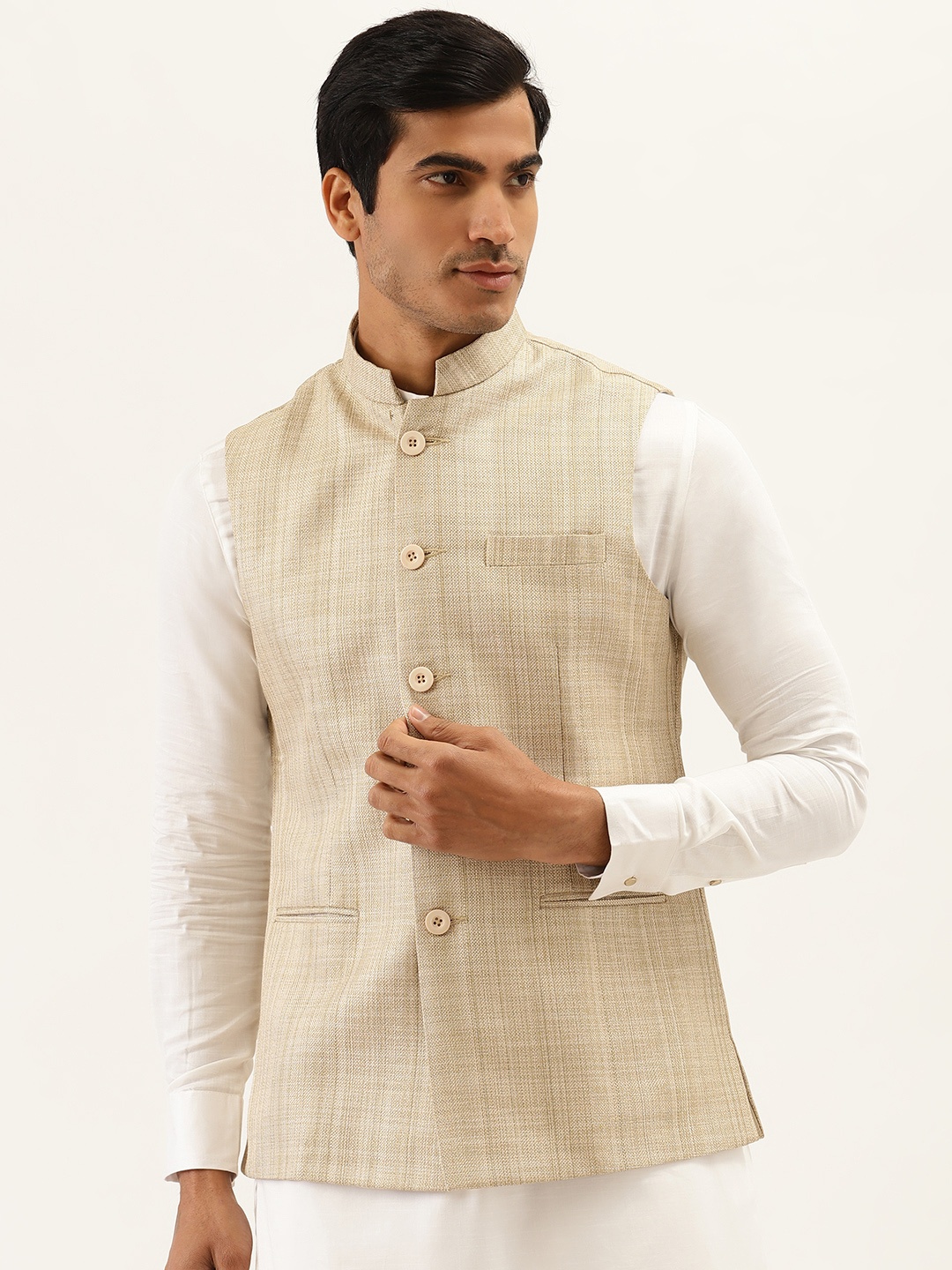 

Manyavar Men Beige Textured Nehru Jacket