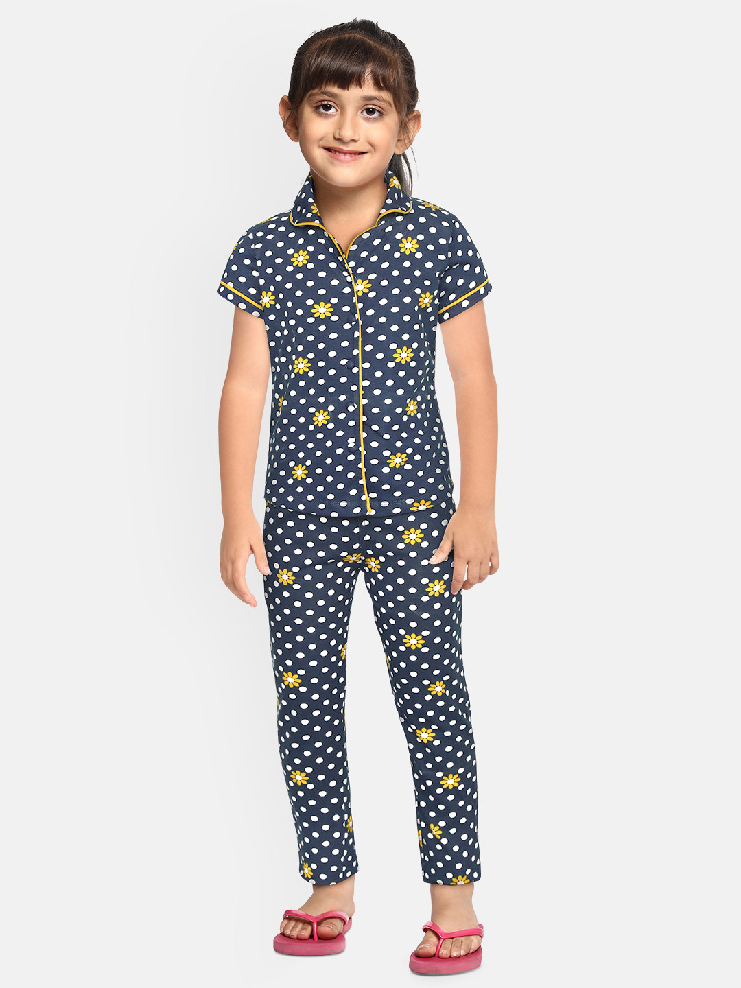 

Sweet Dreams Girls Navy Blue & White Pure Cotton Floral & Dot Print Night suit