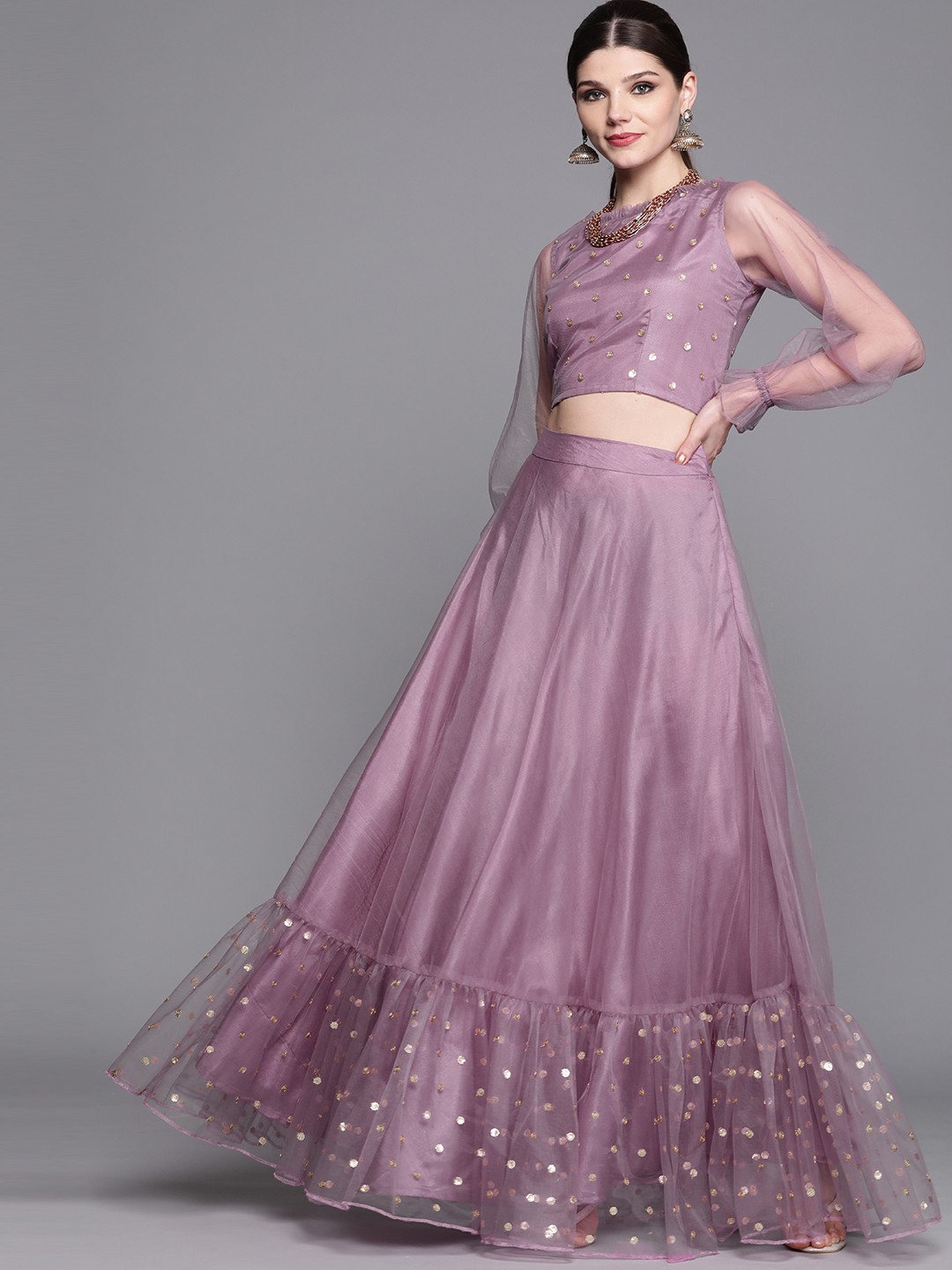 

Inddus Women Purple Net Sequinned Top with Skirt