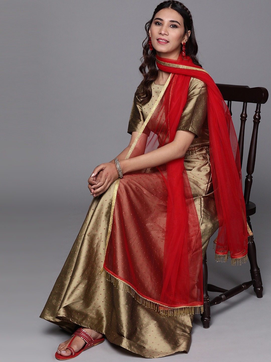 

Inddus Women Golden & Red Woven Design Top with Skirt & Dupatta, Gold