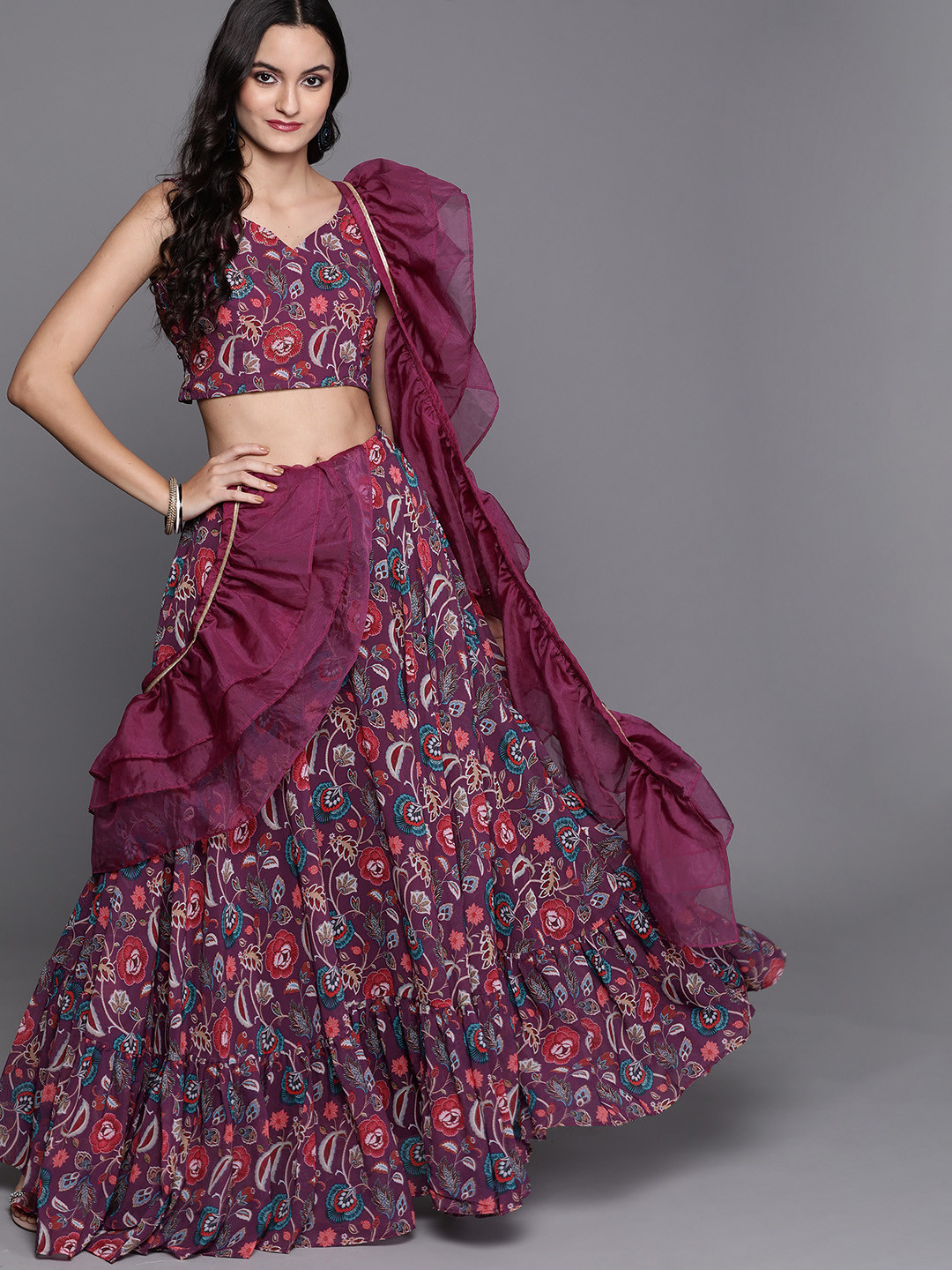 

Inddus Women Purple & Red Printed Top & Skirt with Ruffled Dupatta