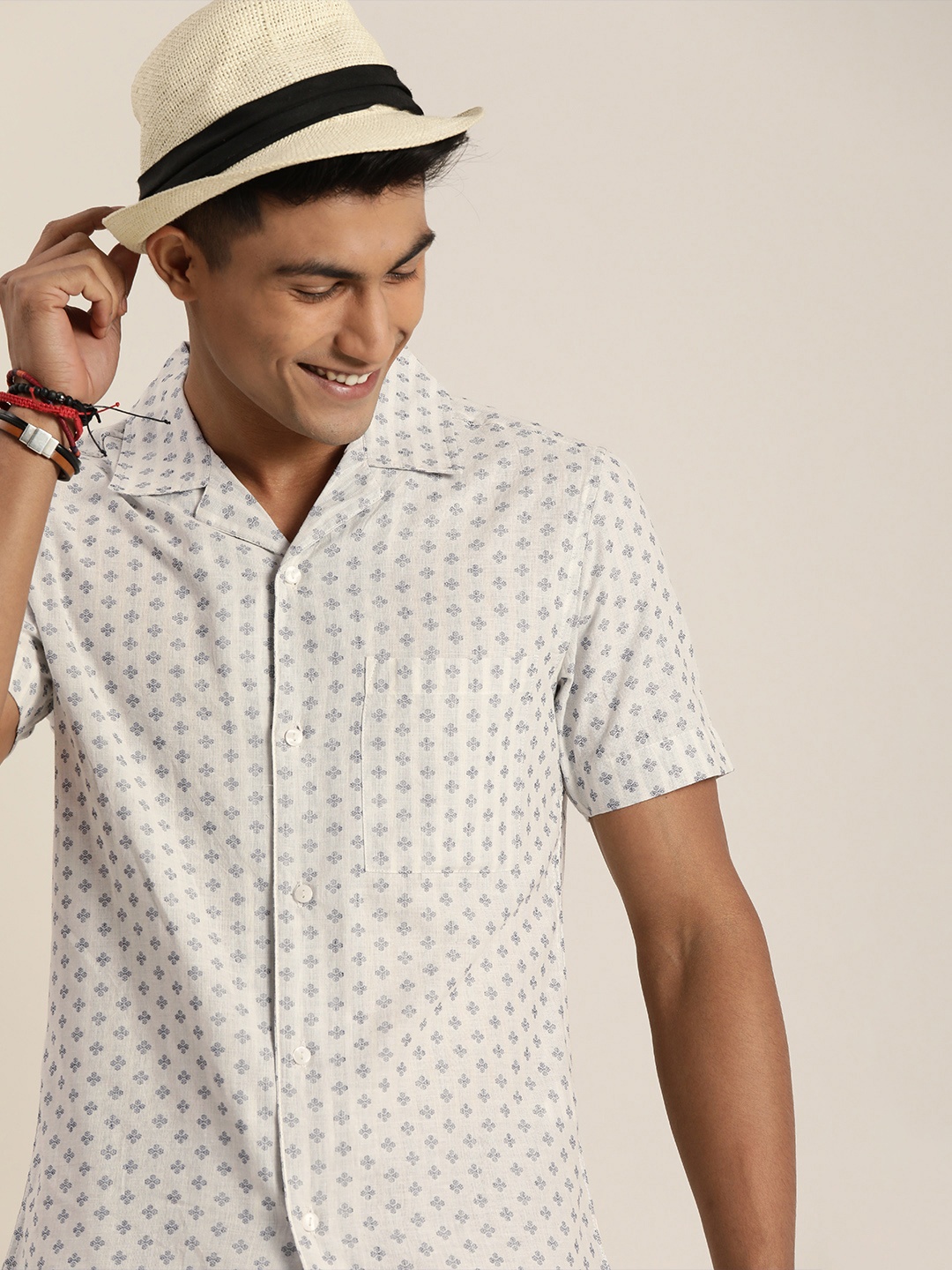 

Taavi Men Off-White & Navy Blue Handloom Woven Legacy Casual Sustainable Shirt with Chest Pocket