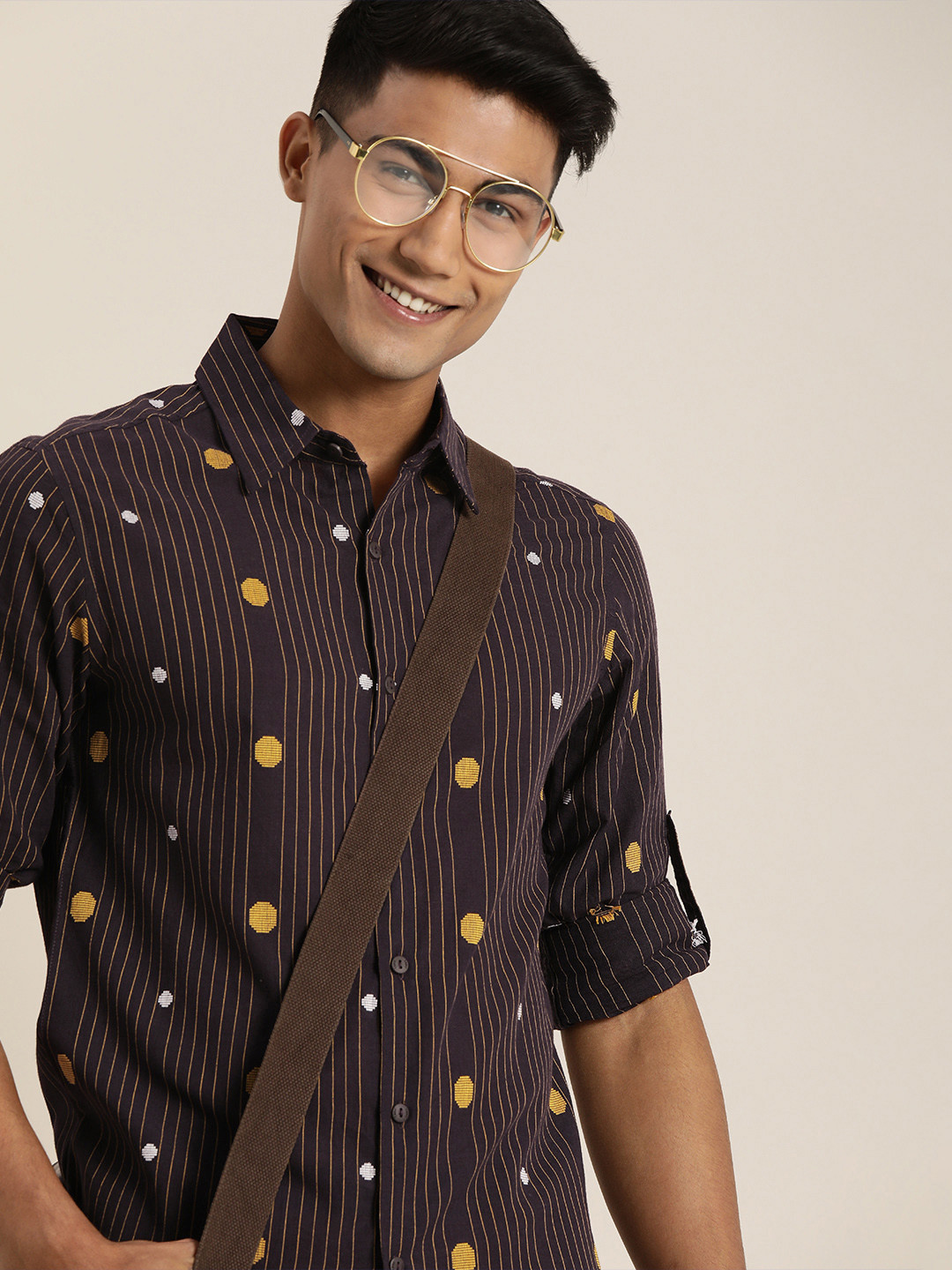 

Taavi Men Black & Mustard Yellow Handloom Woven Legacy Casual Sustainable Shirt with Roll-Up Sleeves