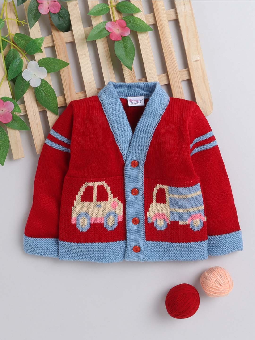

Little Angels Kids Red & Blue Self Design Cardigan