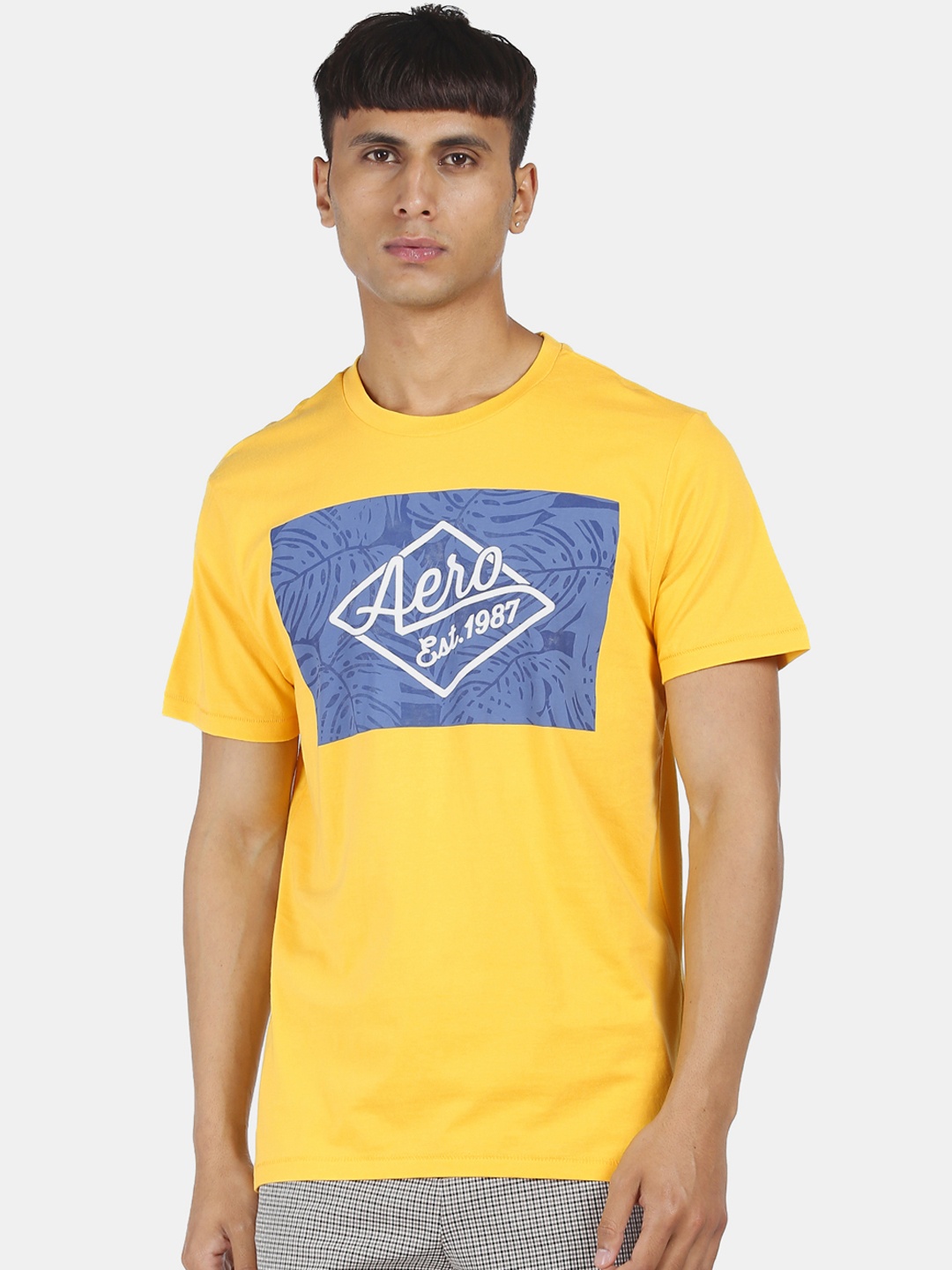 

Aeropostale Men Yellow Blue Printed Round Neck Pure Cotton T-shirt