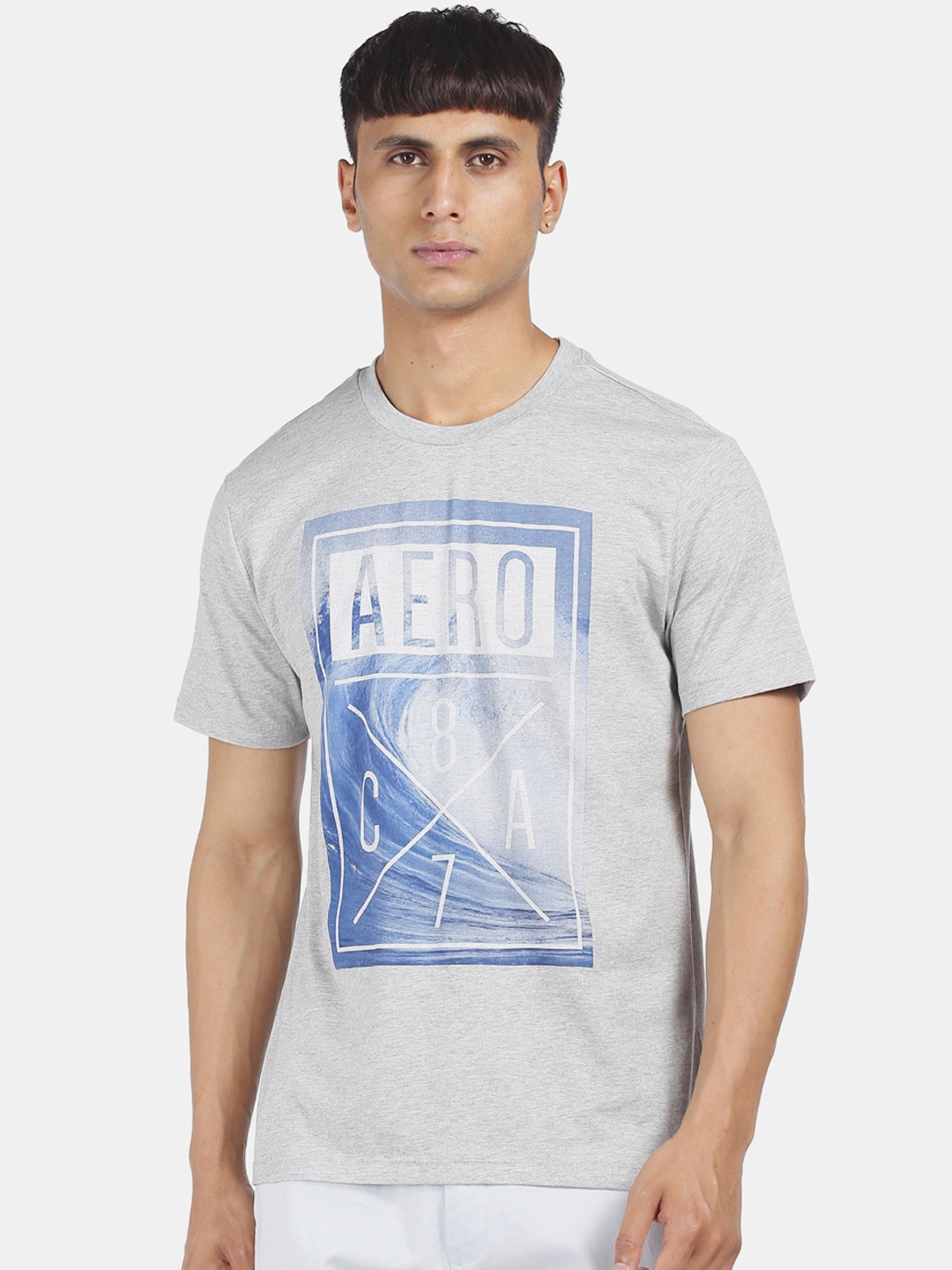 

Aeropostale Men Grey & Blue Printed Round Neck T-shirt