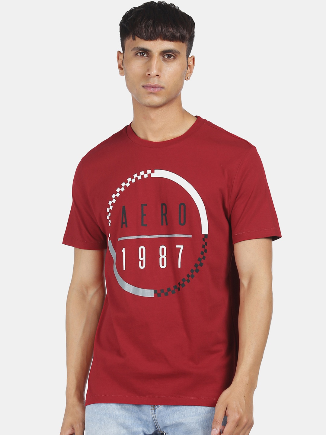 

Aeropostale Men Red Black Printed Round Neck Pure Cotton T-shirt