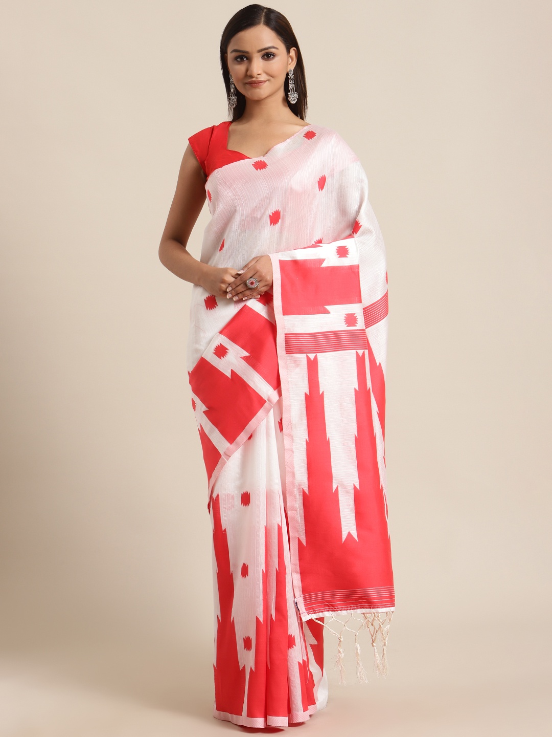 

flaher White & Red Woven Design Bhagalpuri Saree