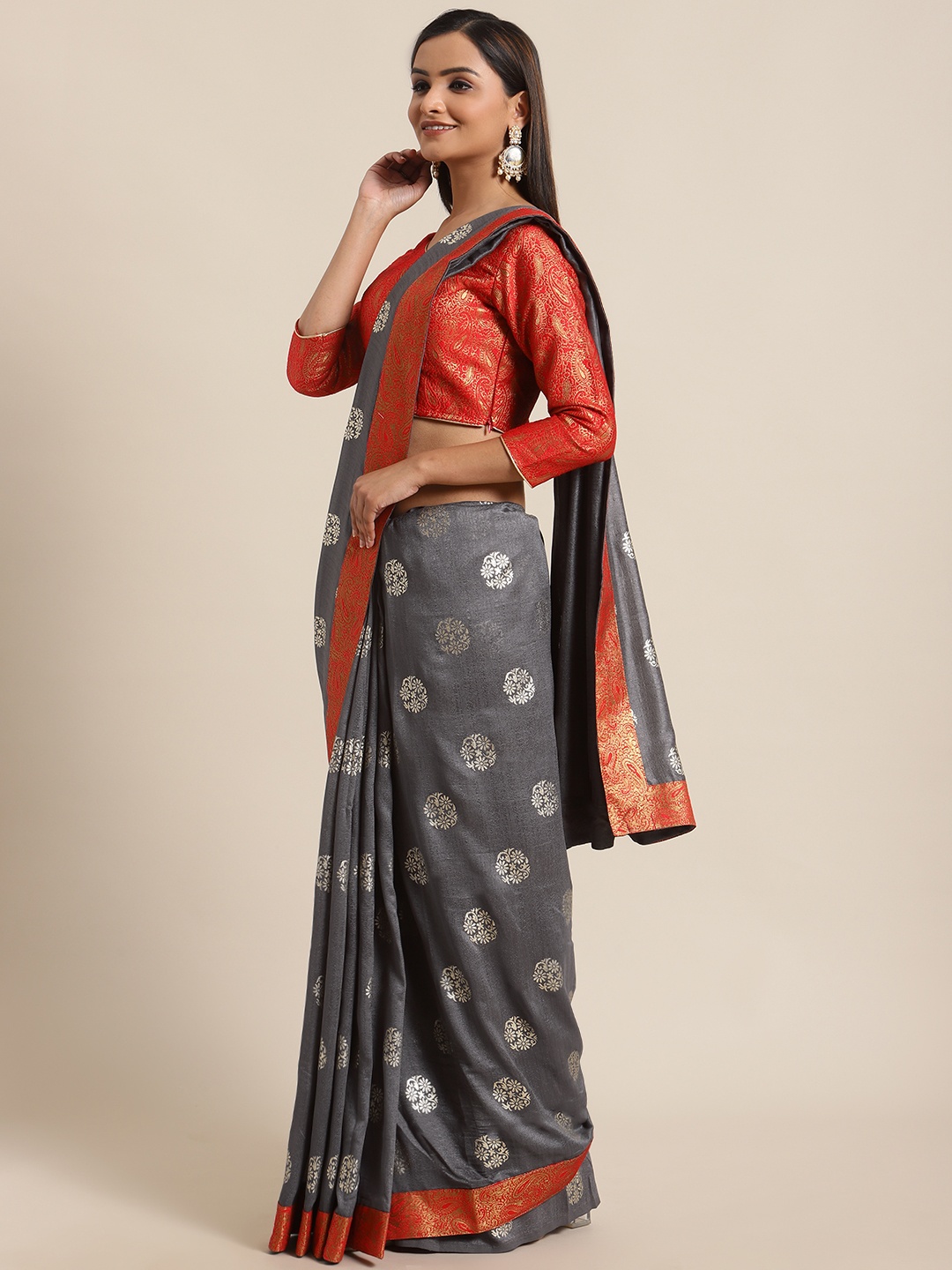 flaher Charcoal Grey & Golden Foil Printed Block Print Saree