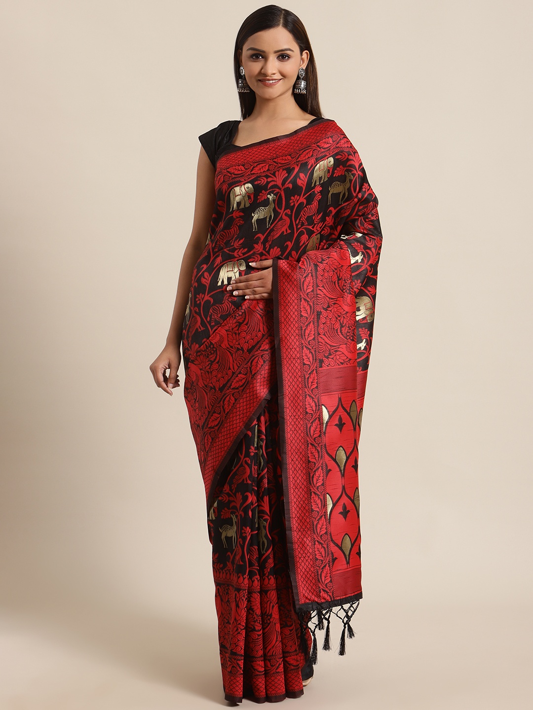 

flaher Black & Red Zari Woven Design Bhagalpuri Saree