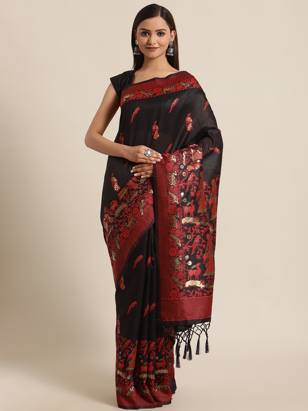 

flaher Black & Red Zari Woven Design Bhagalpuri Saree