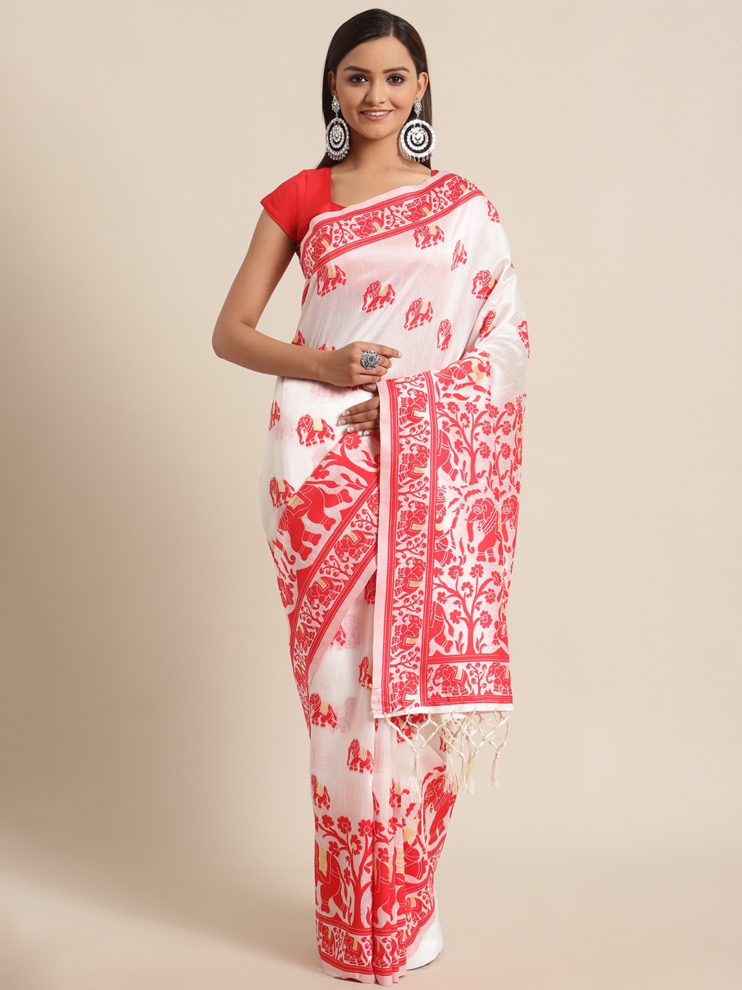 

flaher White & Red Woven Design Bhagalpuri Saree