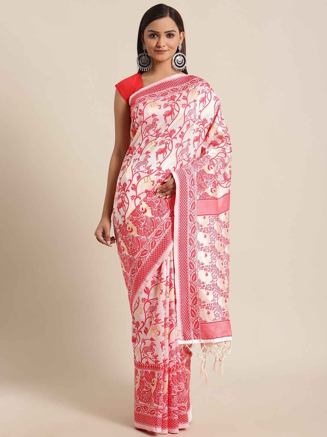 

flaher White & Red Woven Design Bhagalpuri Saree