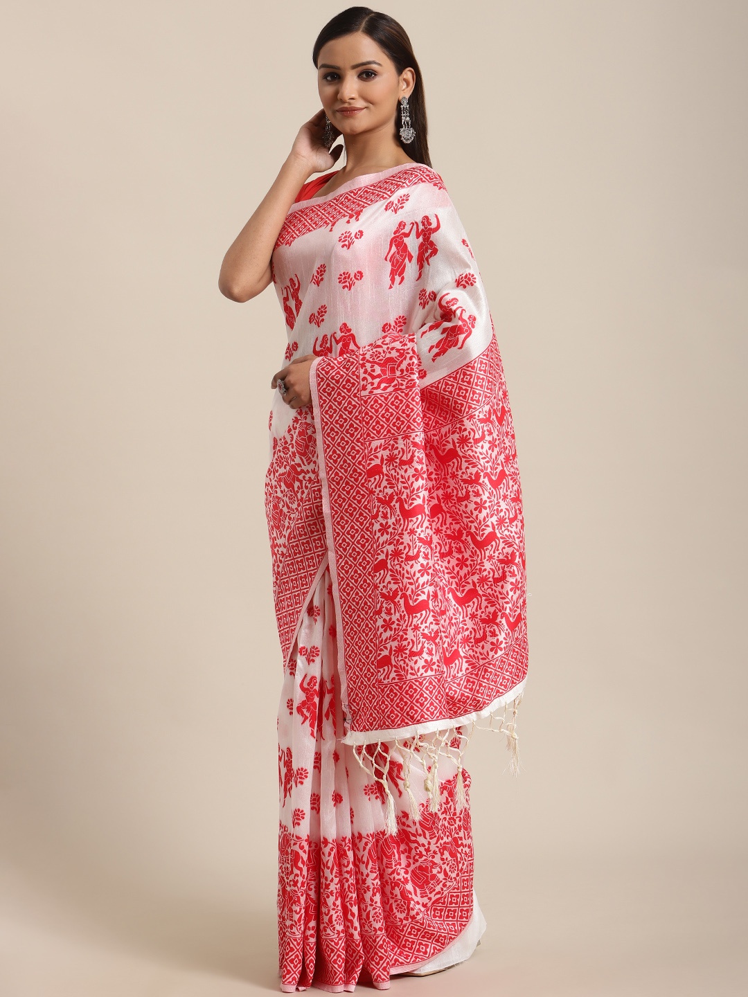 

flaher White & Red Woven Design Bhagalpuri Saree