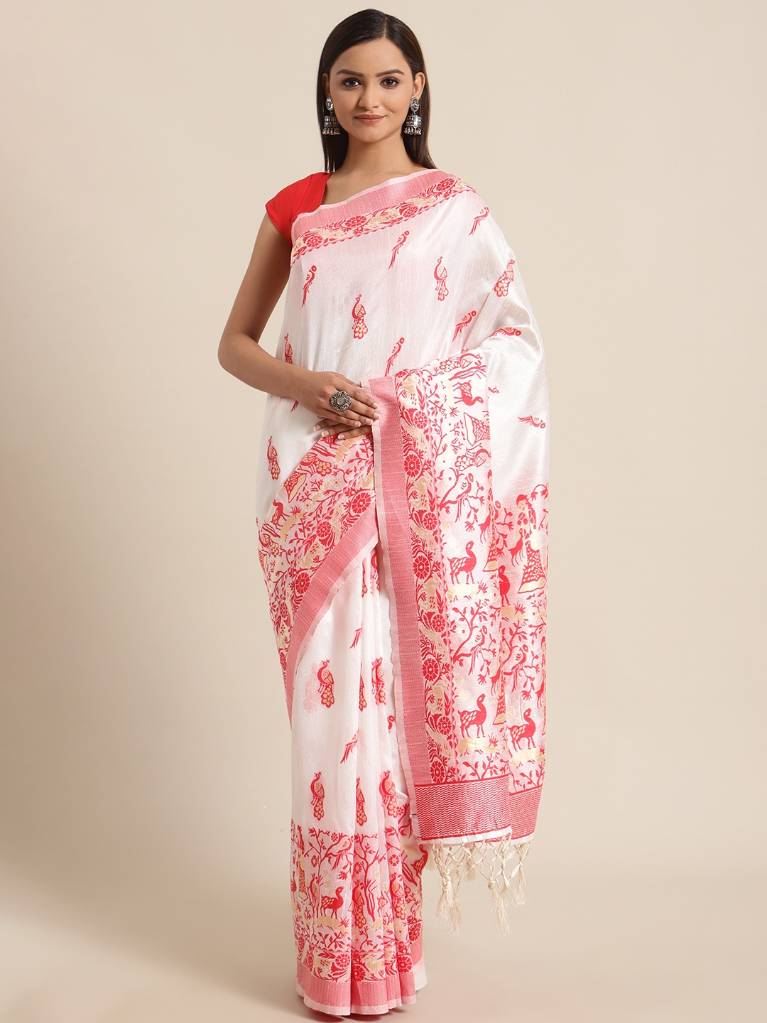 

flaher White & Red Woven Design Bhagalpuri Saree