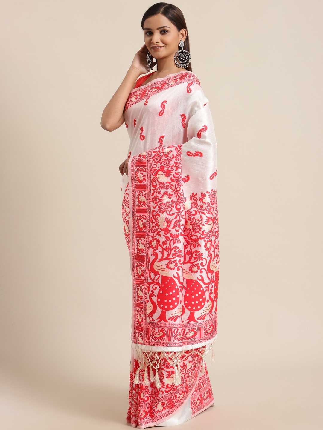 

flaher White & Red Woven Design Bhagalpuri Saree