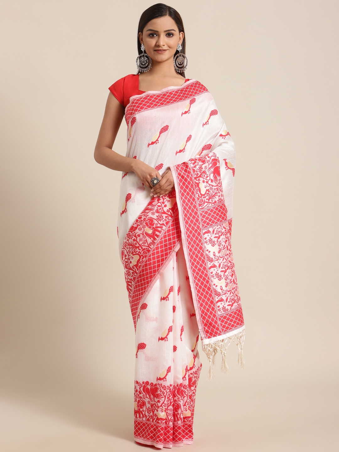 

flaher White & Red Woven Design Bhagalpuri Saree