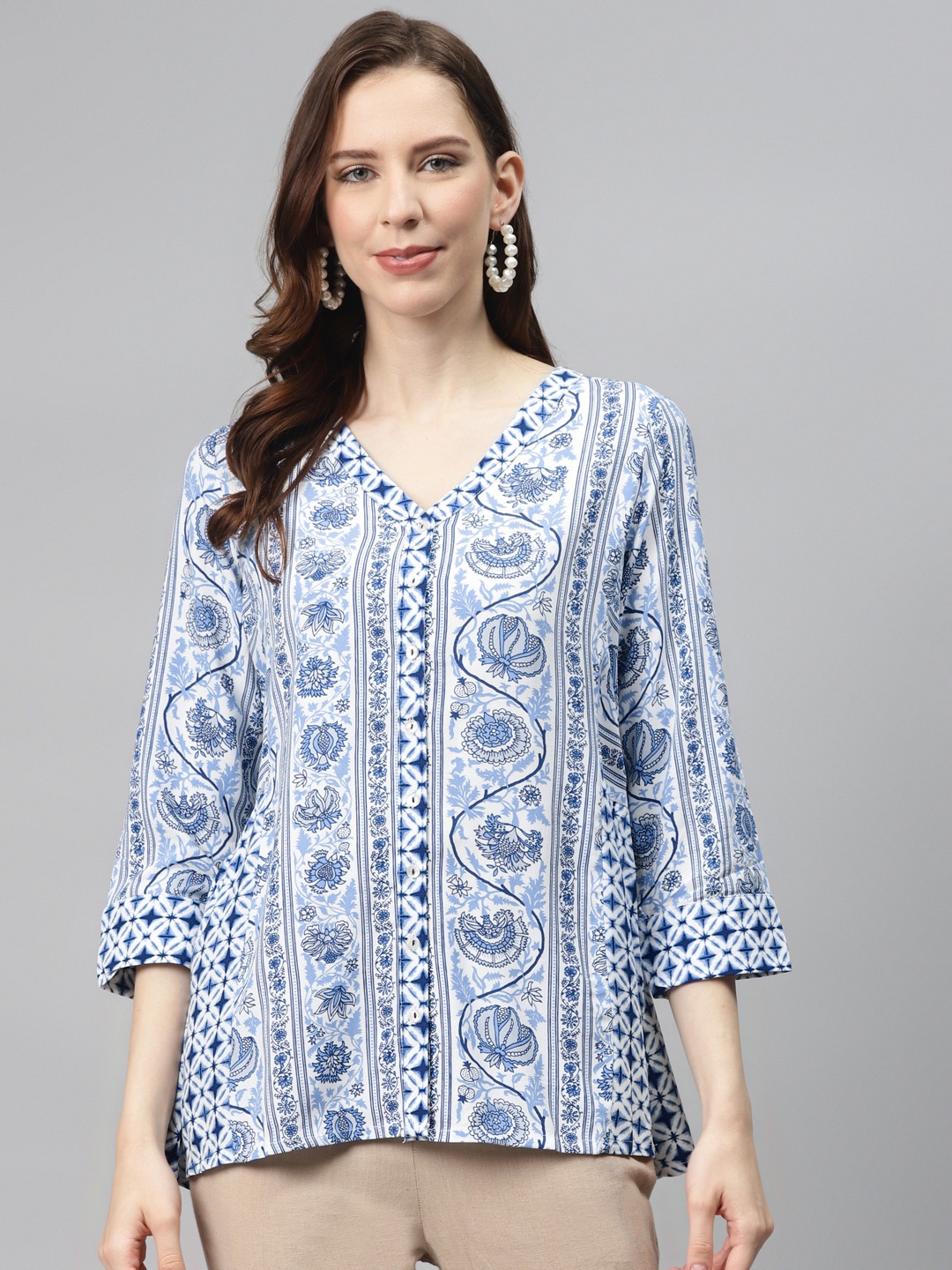 

Global Desi Women Blue & Off-White Ethnic Motifs Print Sustainable A-Line Top