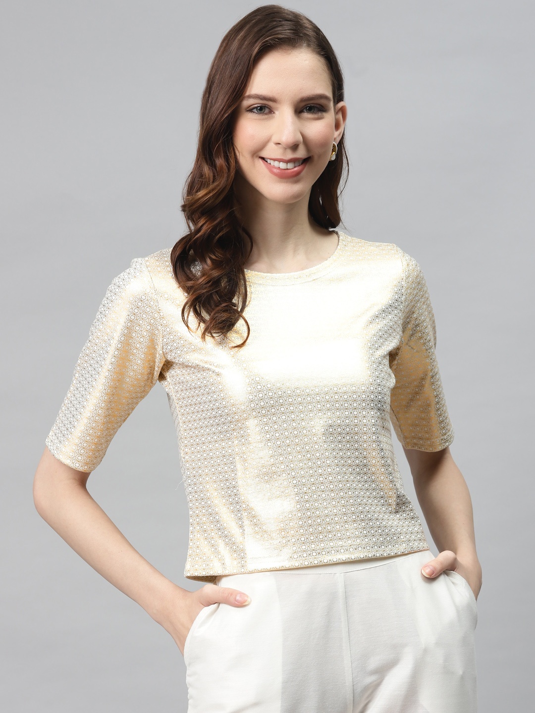 

Global Desi Women Off-White & Golden Geometric Print Sheen Top