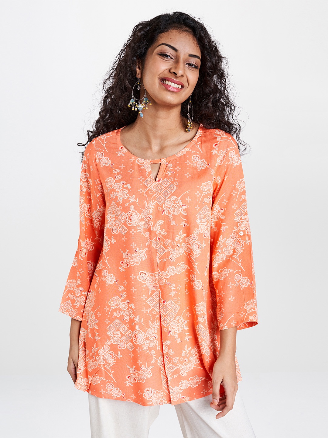 

Global Desi Women Coral Orange & White Ecovero Printed A-Line Top