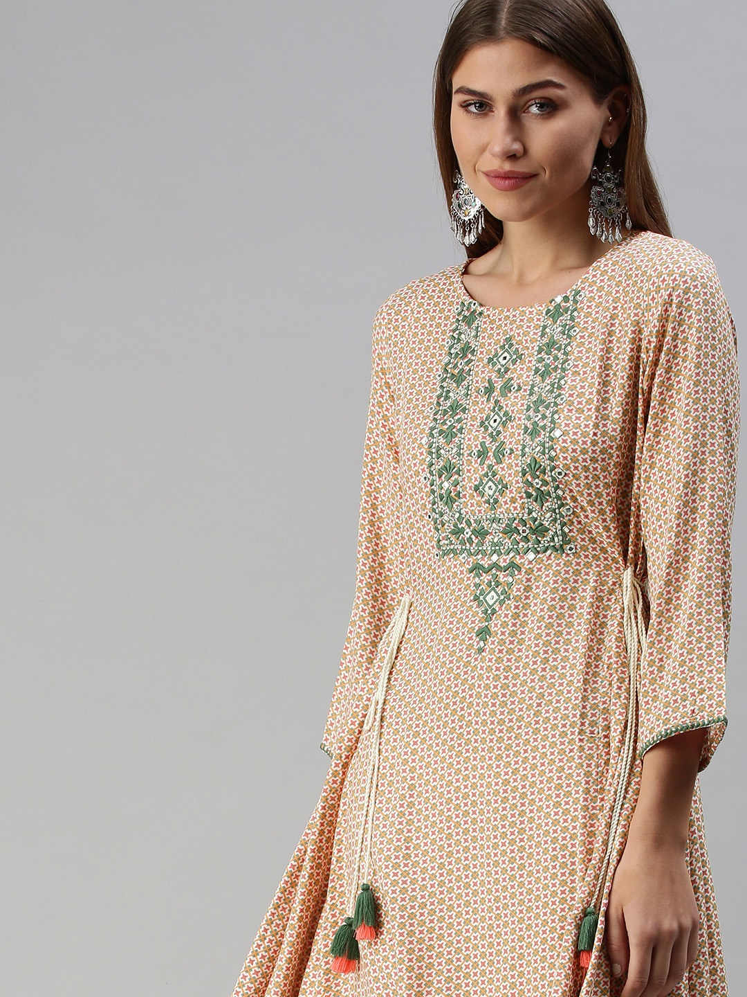 

Global Desi Women Coral Pink & Green Geometric Printed Angrakha Kurta
