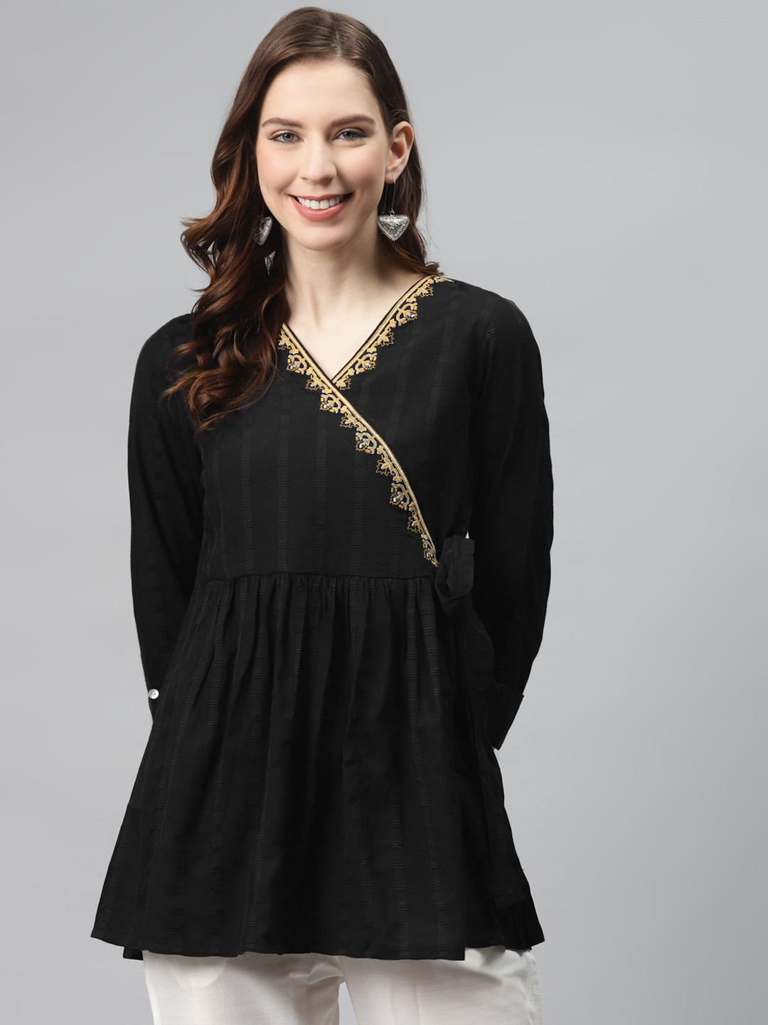 

Global Desi Women Black & Beige Self Striped Sustainable Tunic with Embroidered Detail