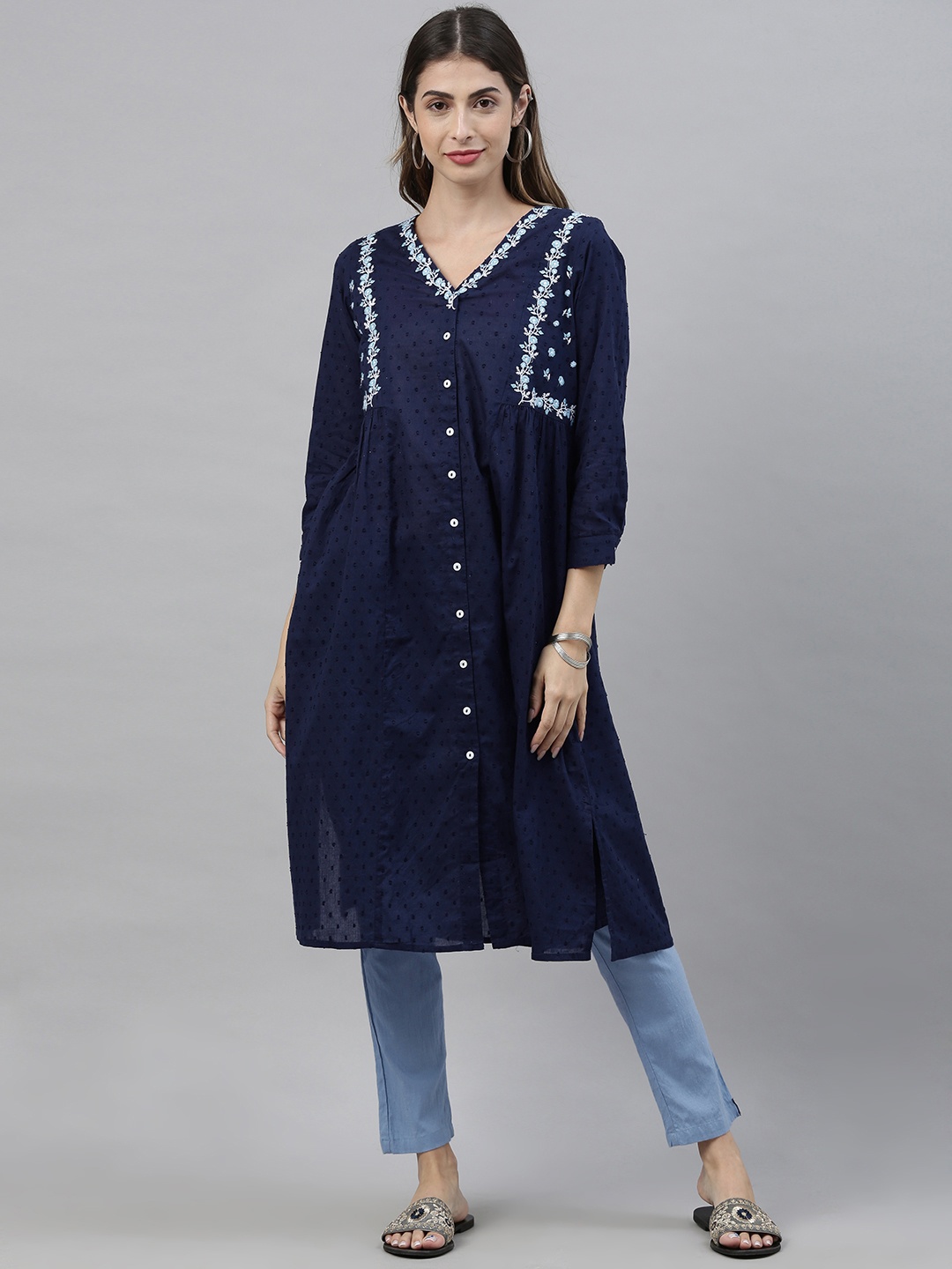 

Global Desi Women Navy Blue Floral Embroidered A-Line Kurta