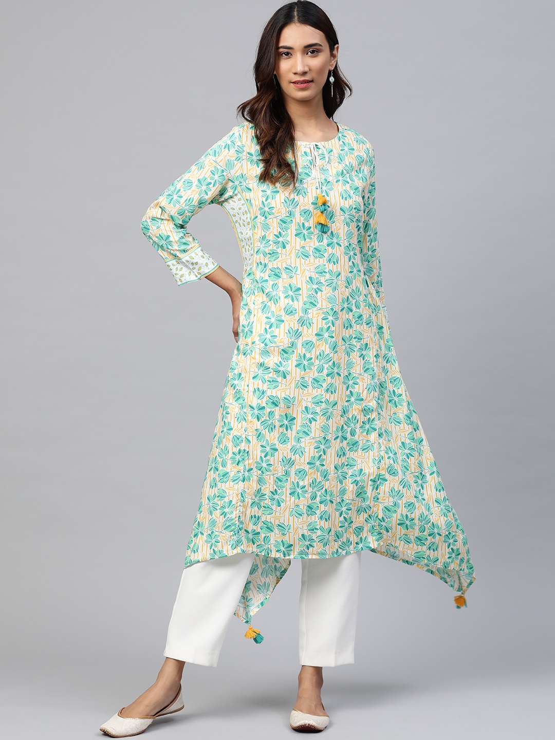 

Global Desi Women White & Green Floral Print Asymmetric Tie-Up Neck Kurta