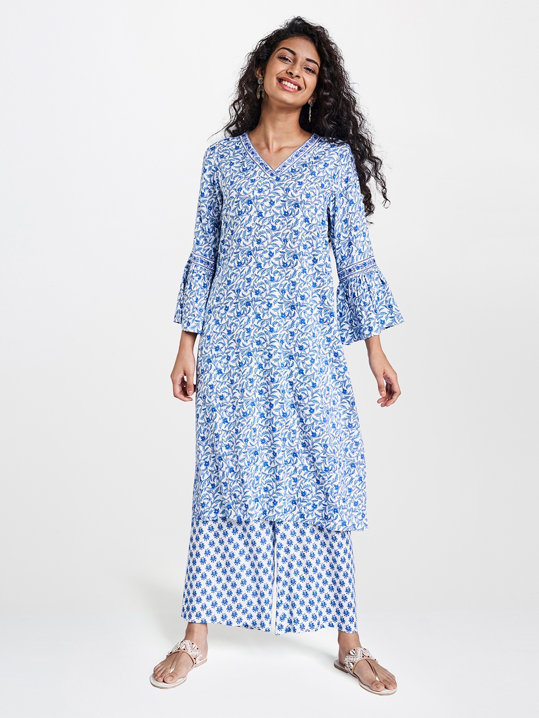 

Global Desi Women White & Blue Ecovero Printed A-Line Kurta