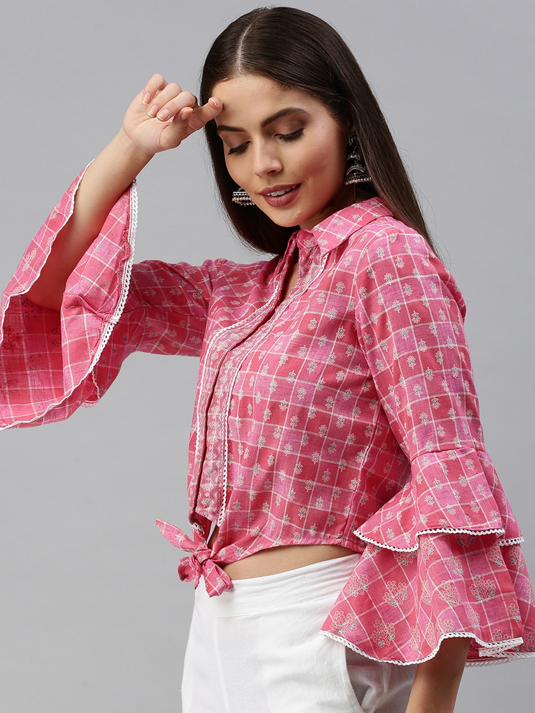 

Global Desi Women Pink & White Checked Flared Sleeves Regular Crop Top With Tie Ups