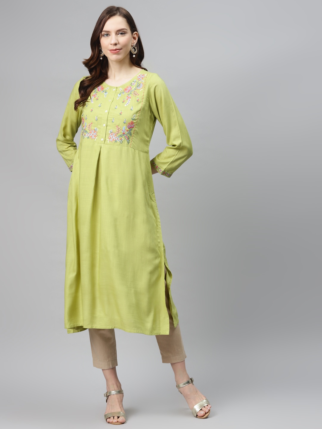 

Global Desi Women Lime Green & Blue Yoke Design Sustainable A-Line Kurta