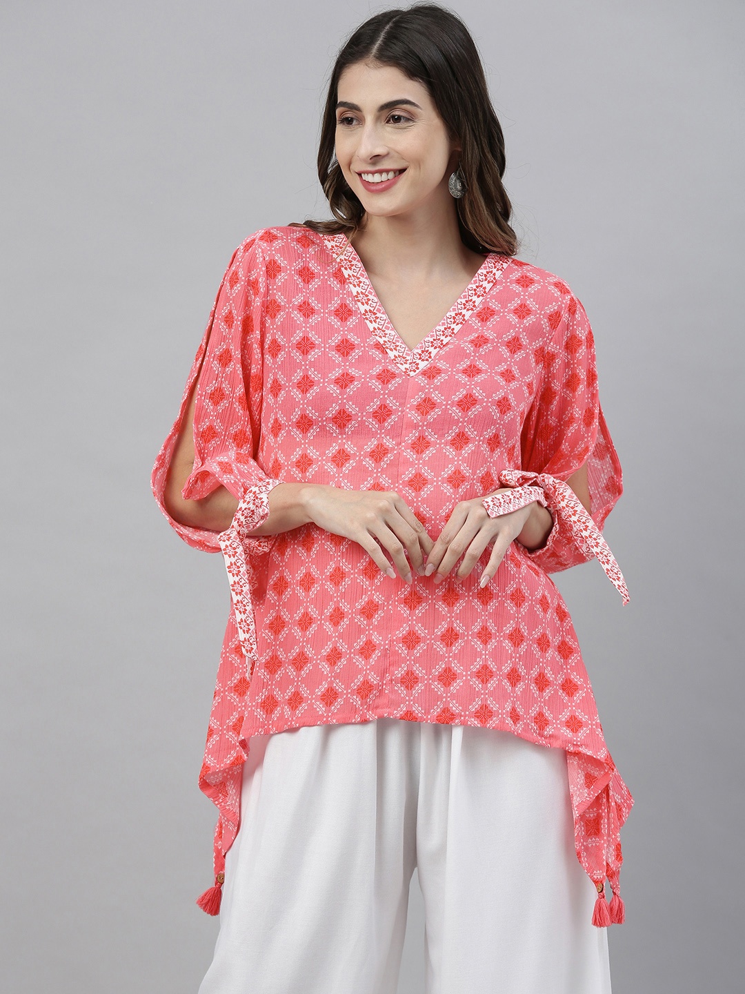 

Global Desi Pink Geometric Printed Slit Sleeves A-line Top