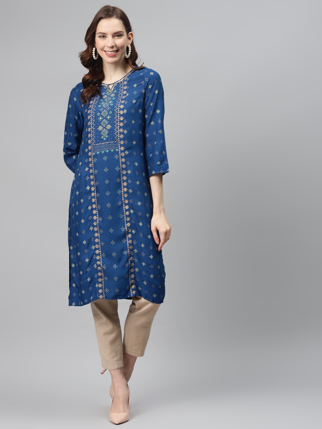 

Global Desi Women Blue & Golden Ethnic Motifs Print Sustainable Straight Kurta