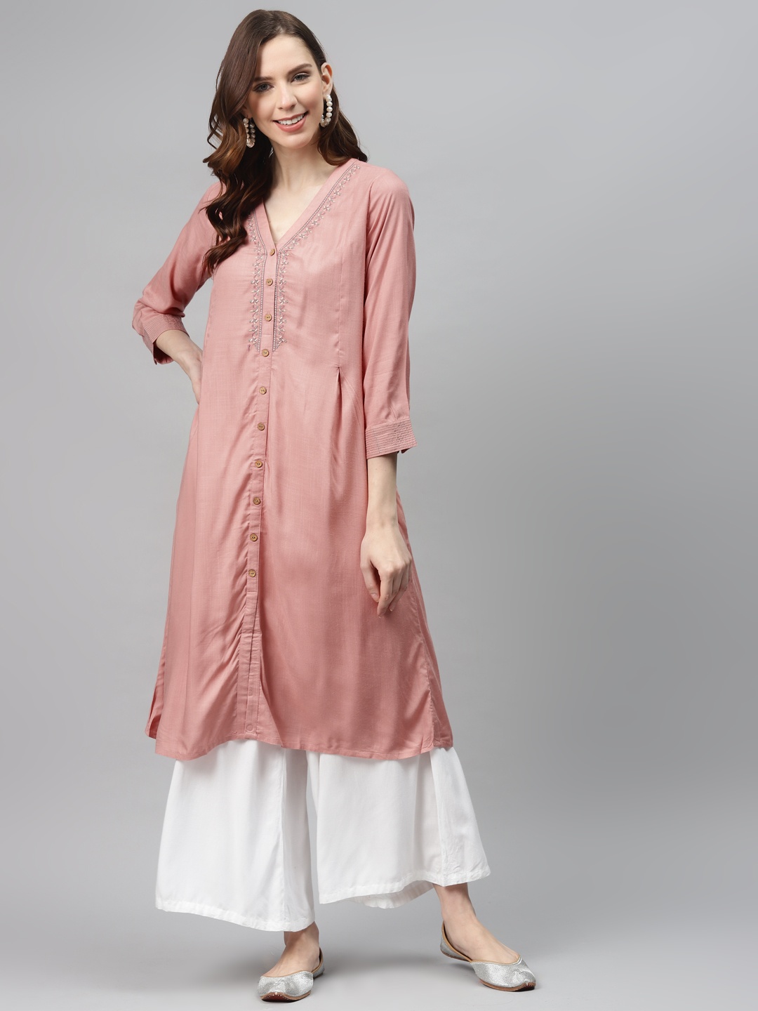 

Global Desi Women Pink Solid Sustainable A-Line Kurta with Embroidered Detail