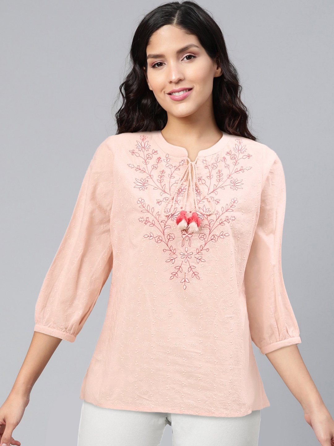 

Global Desi Sustainable Peach-Coloured Embroidered Tie-Up Neck Puff Sleeves Top