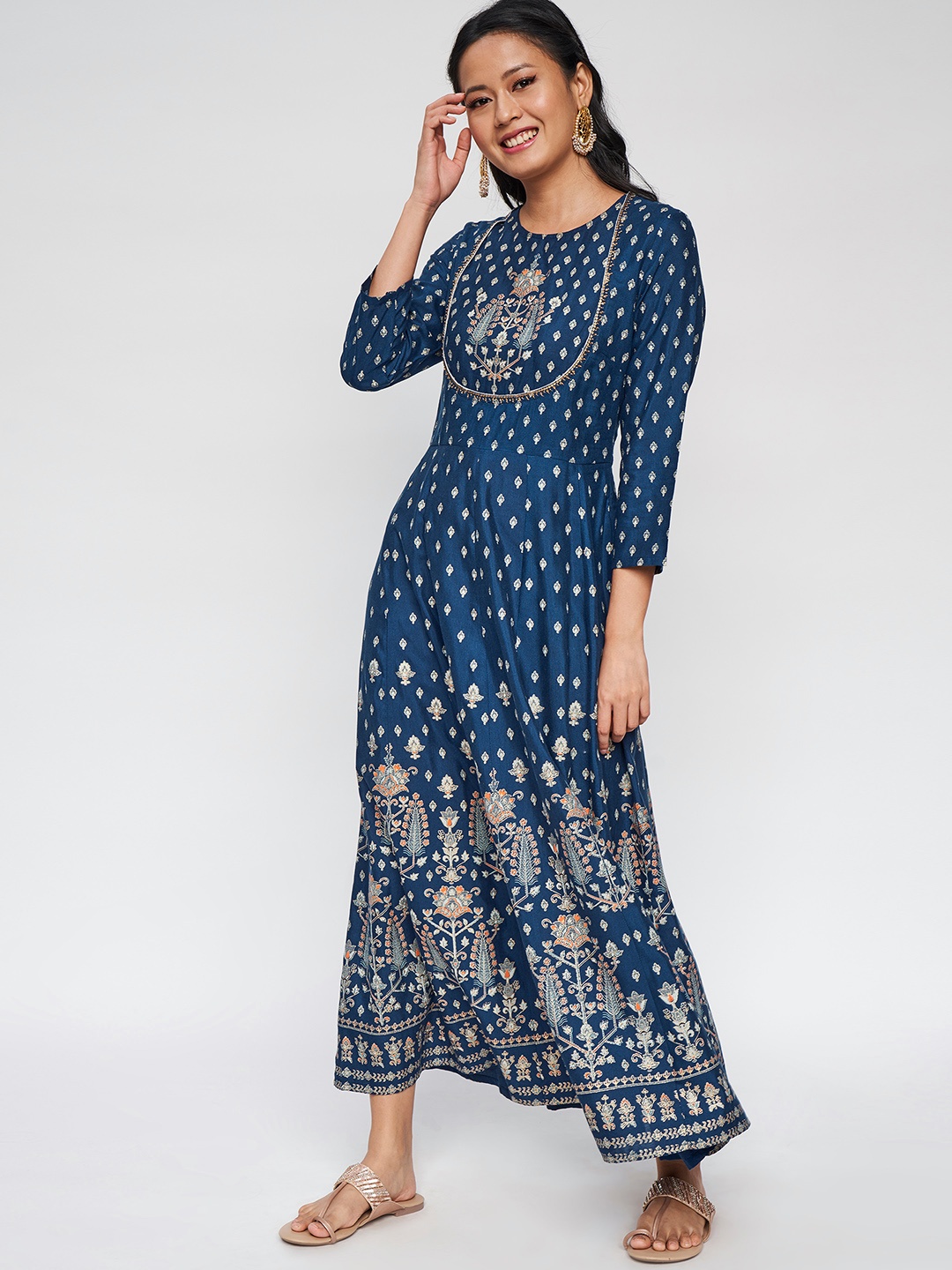 

Global Desi Navy Blue & Golden Ethnic Motifs Ethnic Maxi Dress