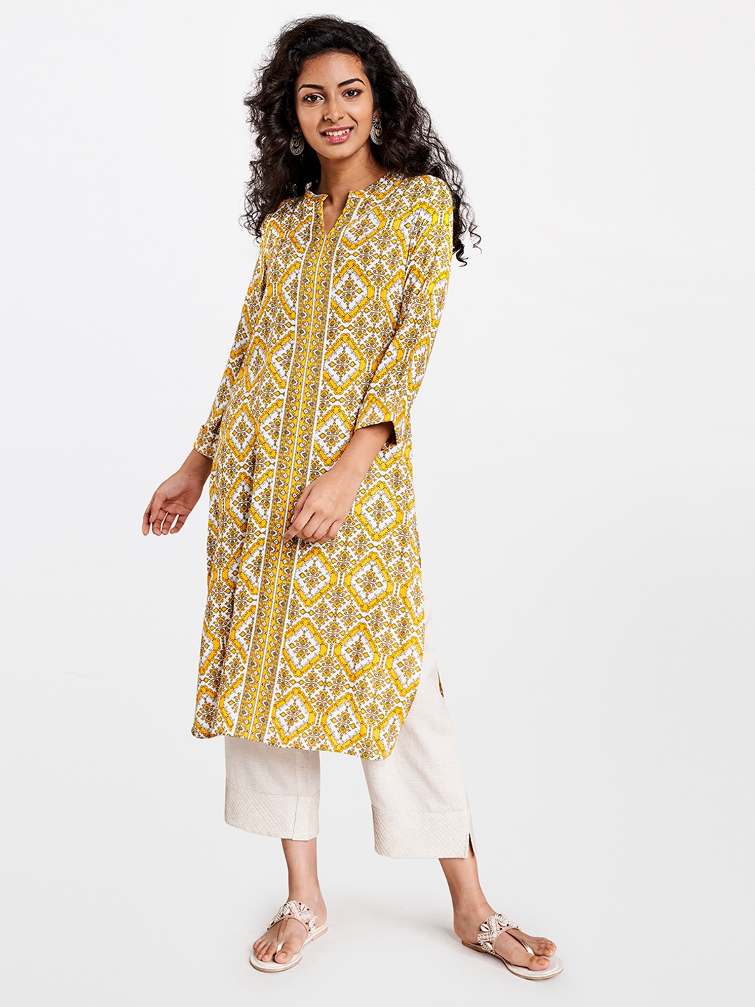 

Global Desi Women Mustard Yellow & White Ecovero Printed Straight Kurta