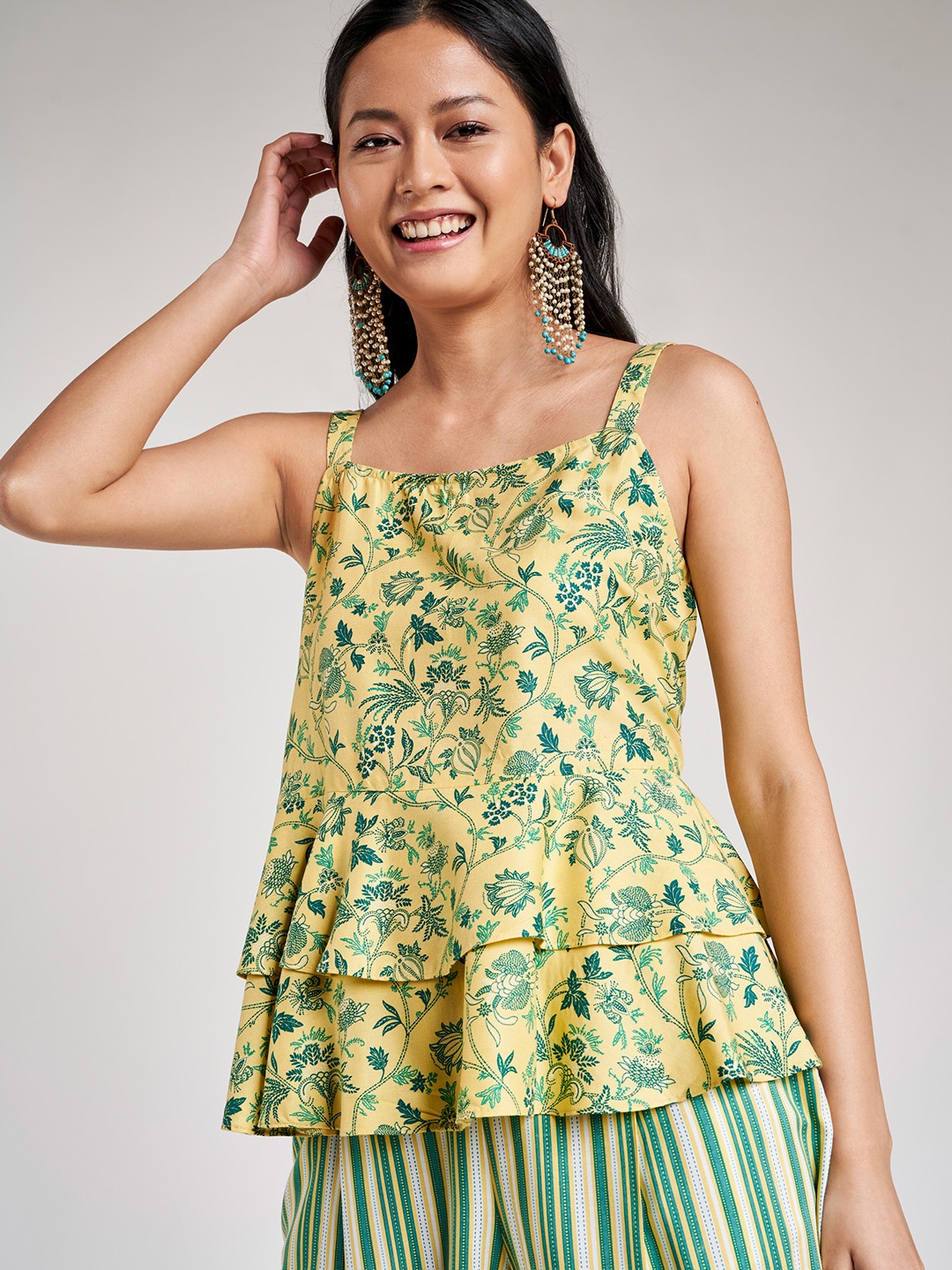 

Global Desi Women Yellow & Teal Green Ecovero Floral Print A-Line Top