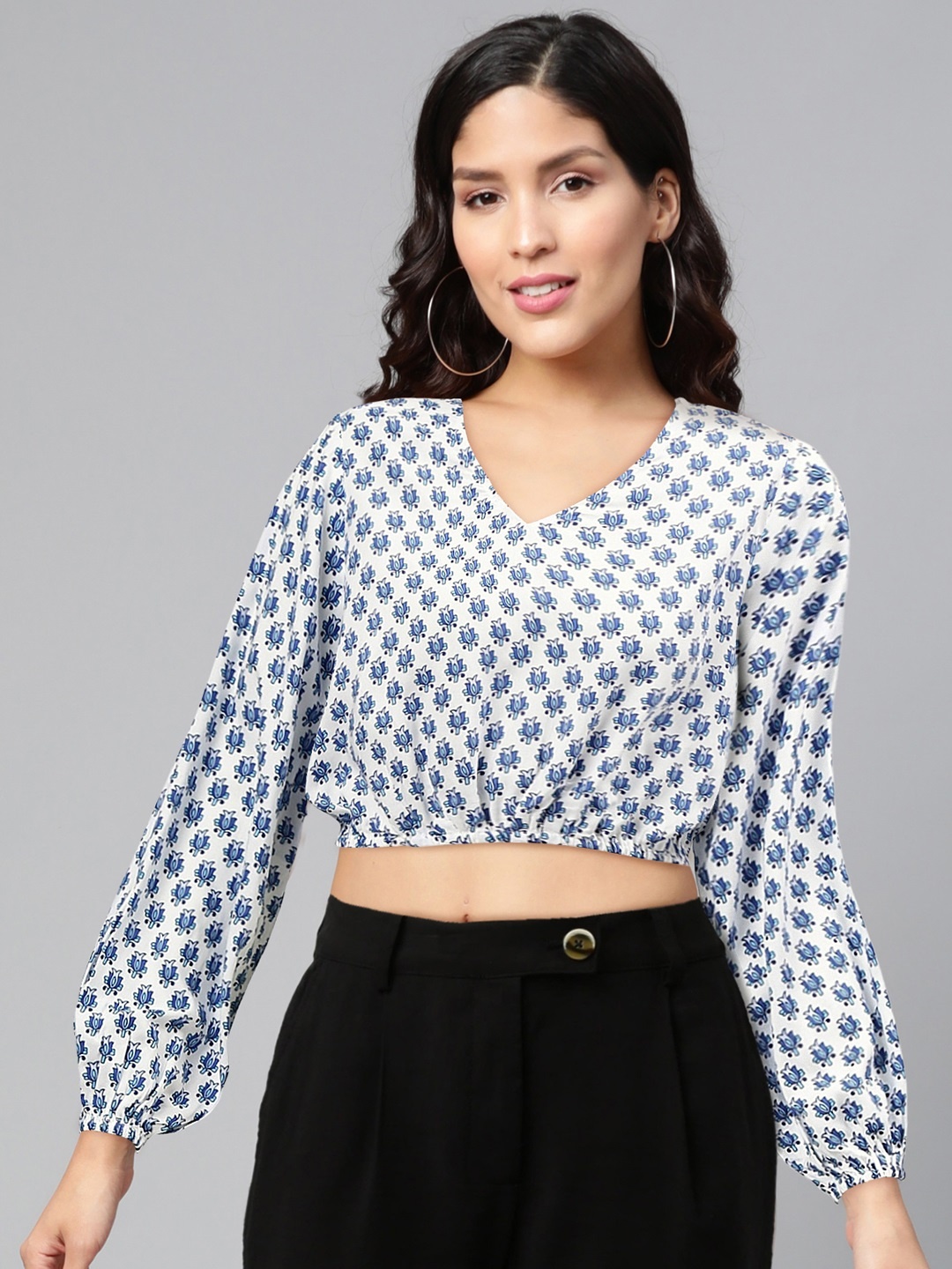 

Global Desi EcoVero White & Blue Printed Puff Sleeves Cropped Blouson Top