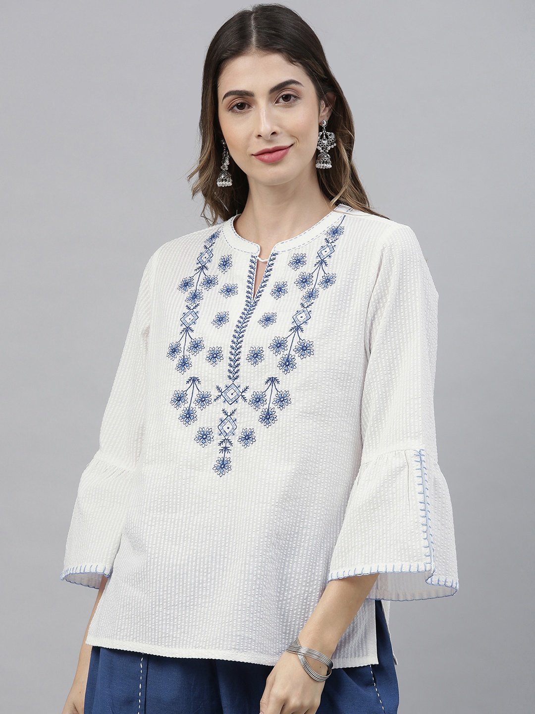 

Global Desi White Seersucker Bell Sleeves Regular Top