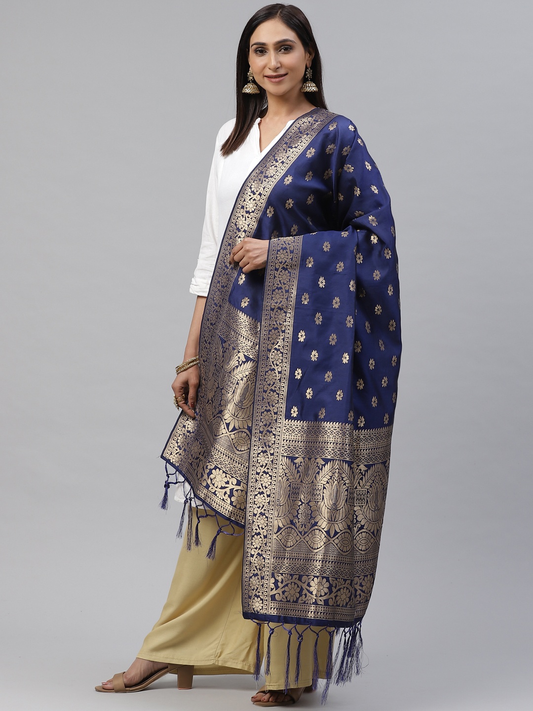 

flaher Navy Blue & Golden Woven Design Banarasi Dupatta