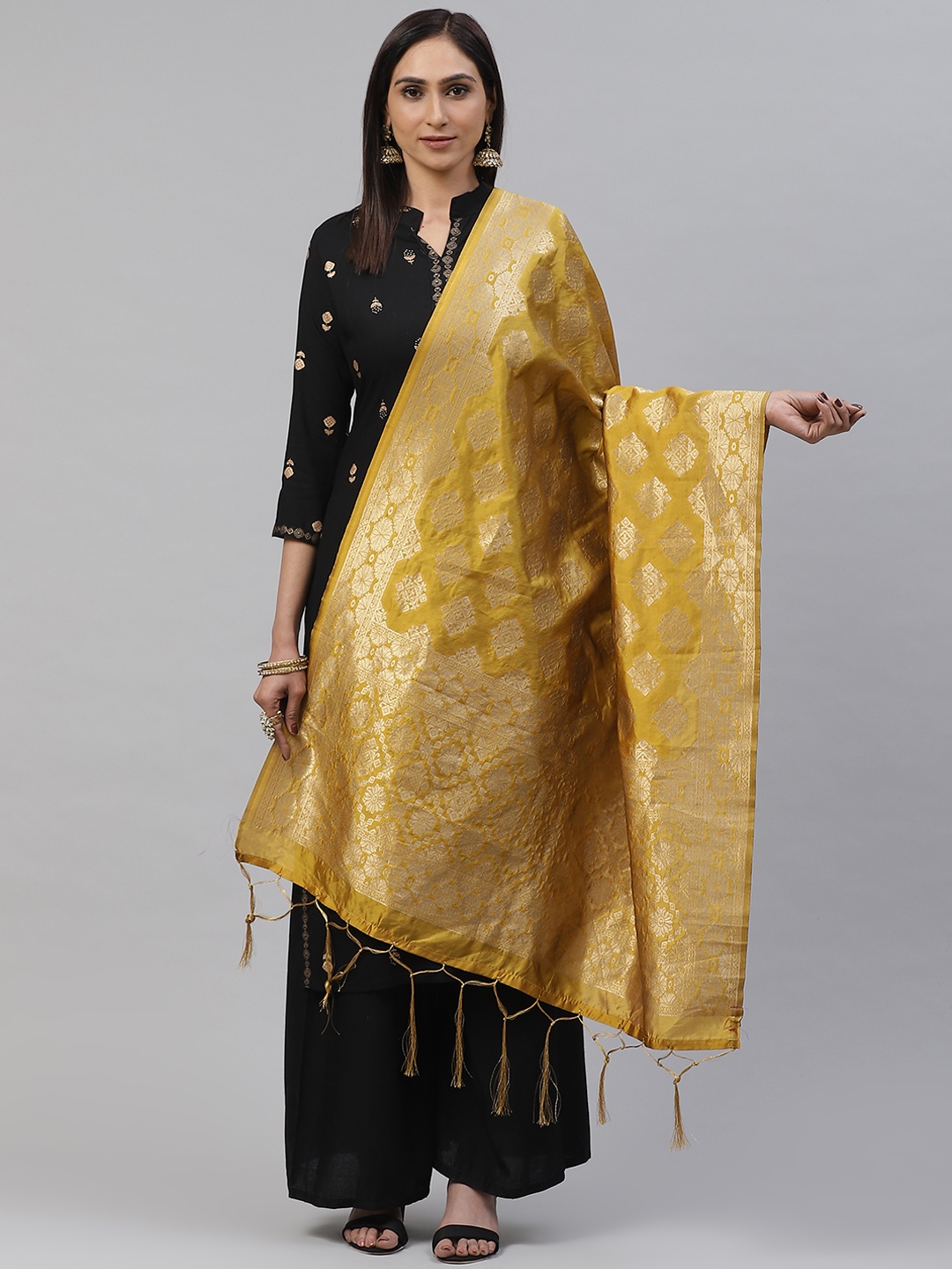 

flaher Mustard Yellow & Golden Woven Design Banarasi Dupatta