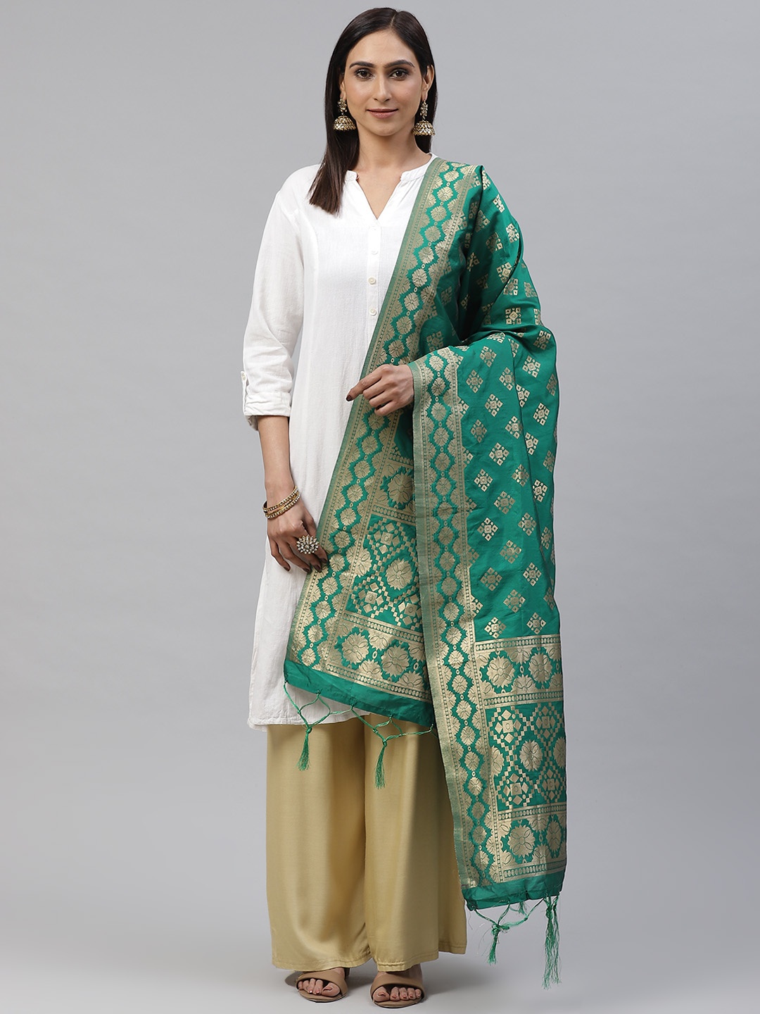 

flaher Green & Golden Woven Design Banarasi Dupatta