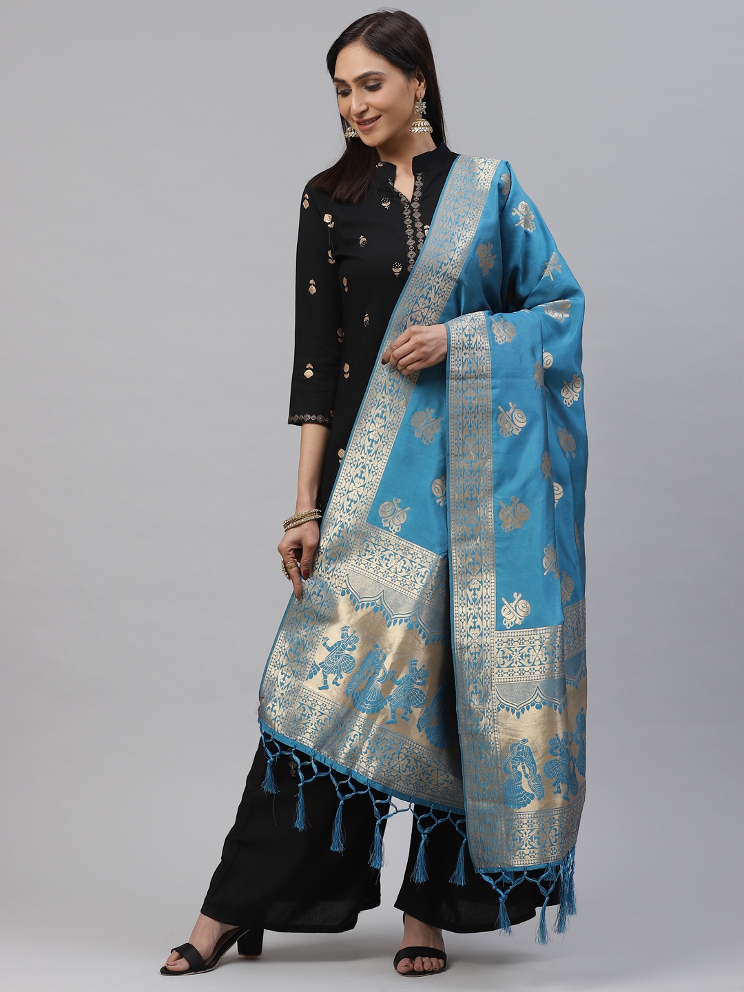 

flaher Blue & Golden Woven Design Banarasi Dupatta