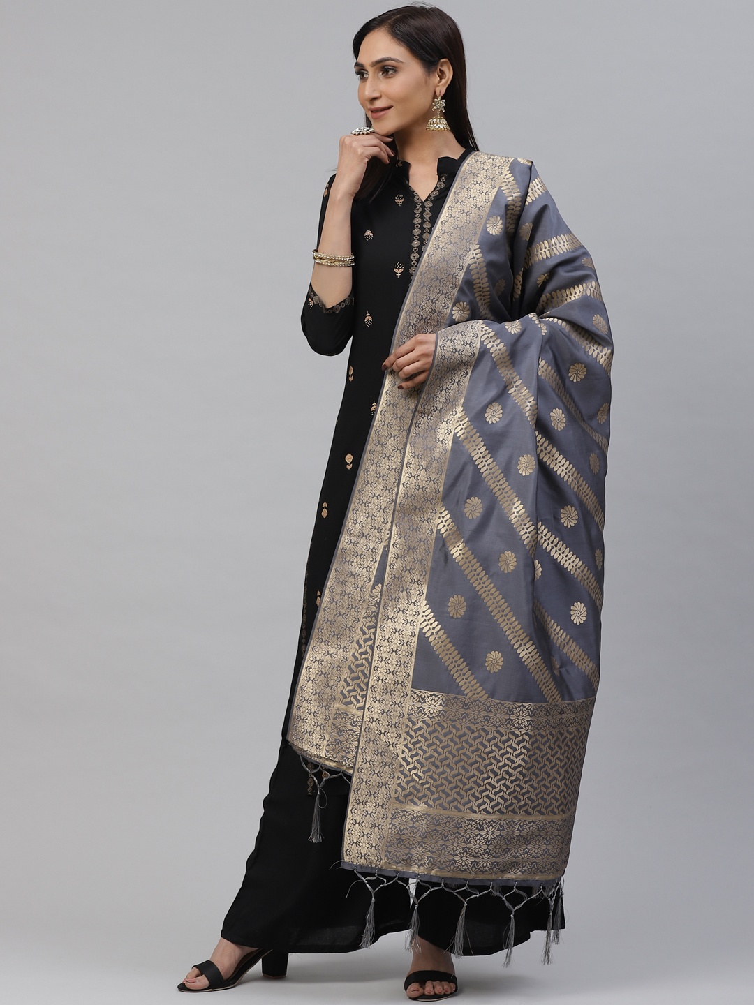 

flaher Grey & Golden Woven Design Banarasi Silk Dupatta