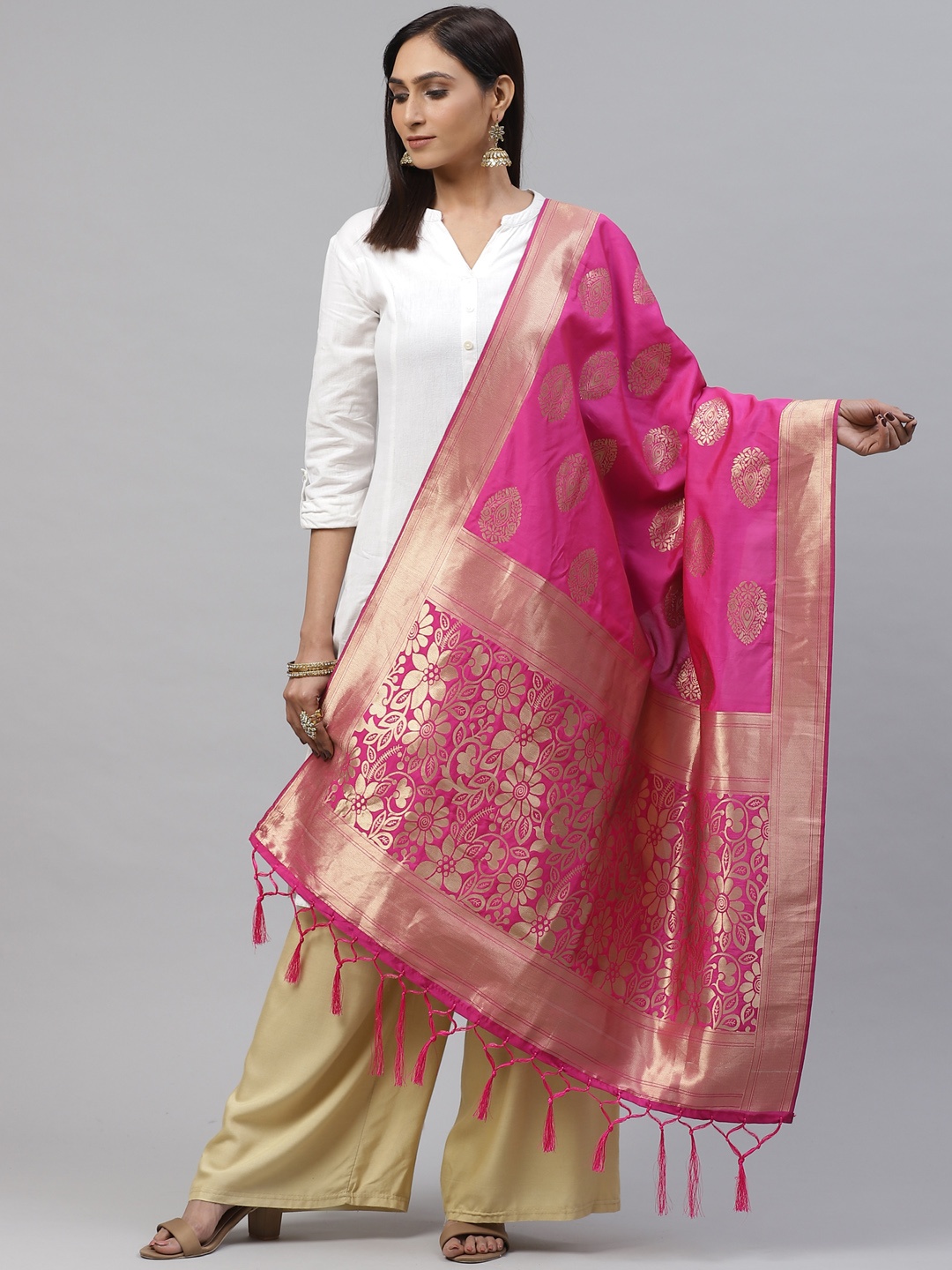 

flaher Pink & Golden Woven Design Banarasi Dupatta