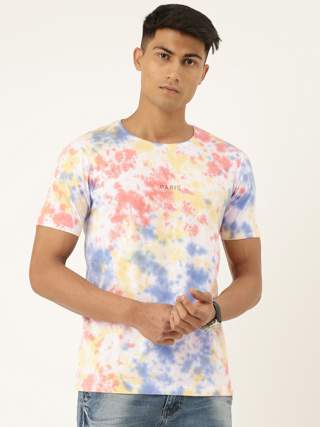 

Difference of Opinion Men White & Multi-Coloured Dyed Round Neck T-shirt