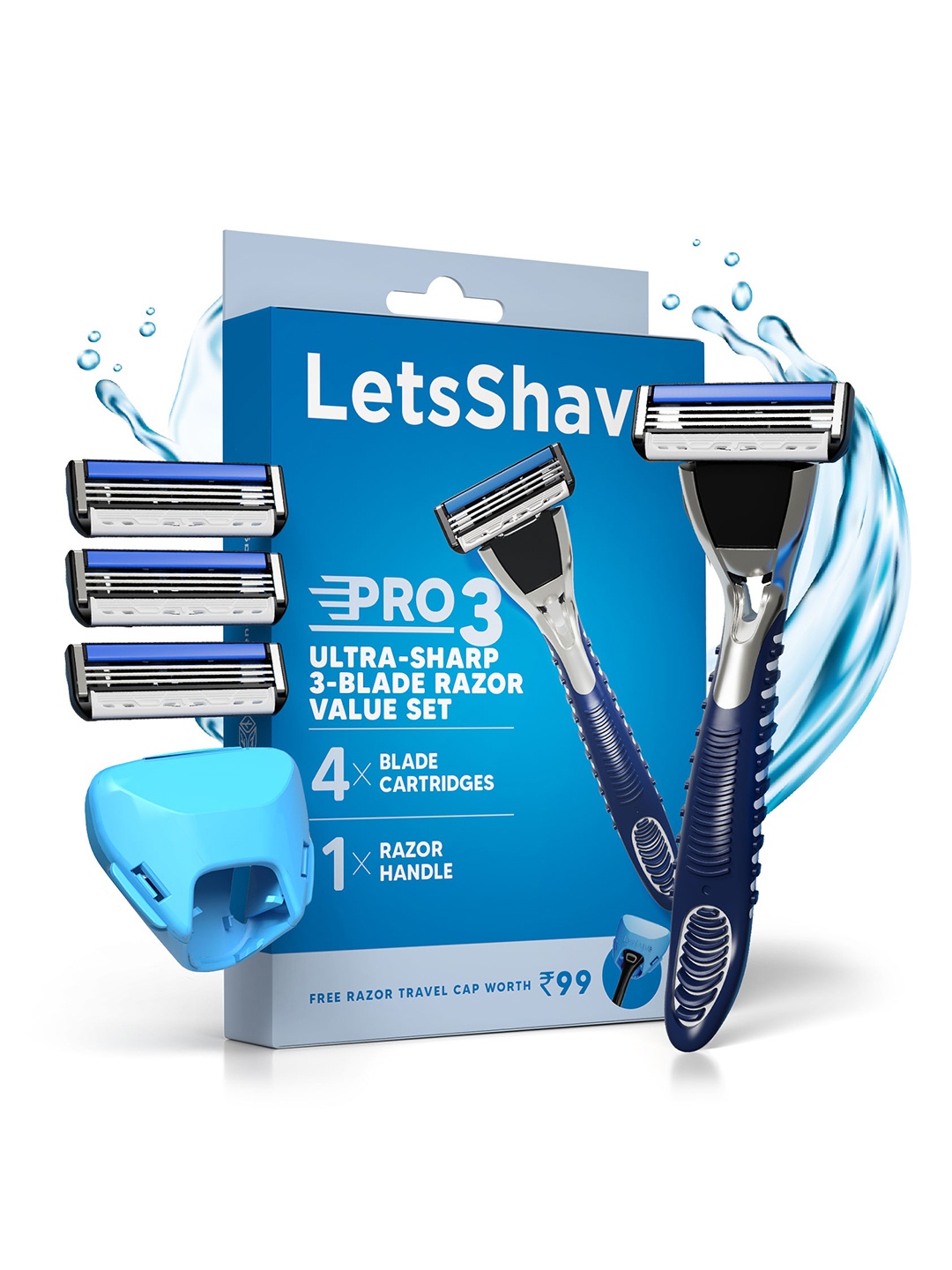 

LetsShave Men Pro 3 Advance Value Set with Razor + 4 Blades + Travel Cap, Blue