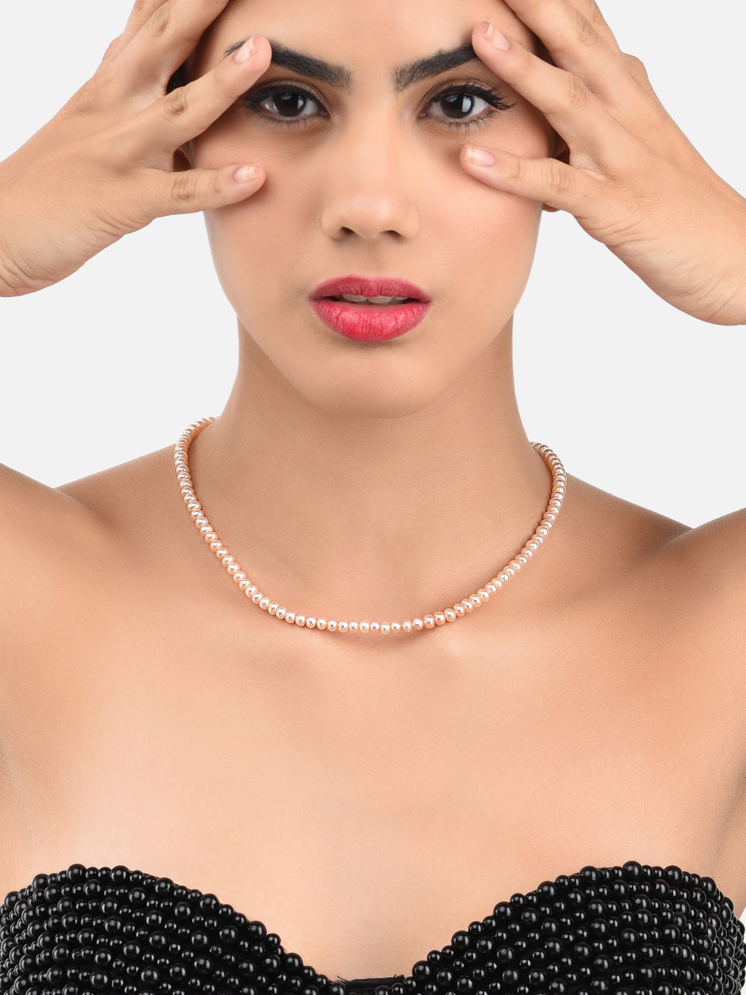 

Zaveri Pearls Fresh Water Button Pearls 5-6mm AAA+ Quality Necklace, Peach