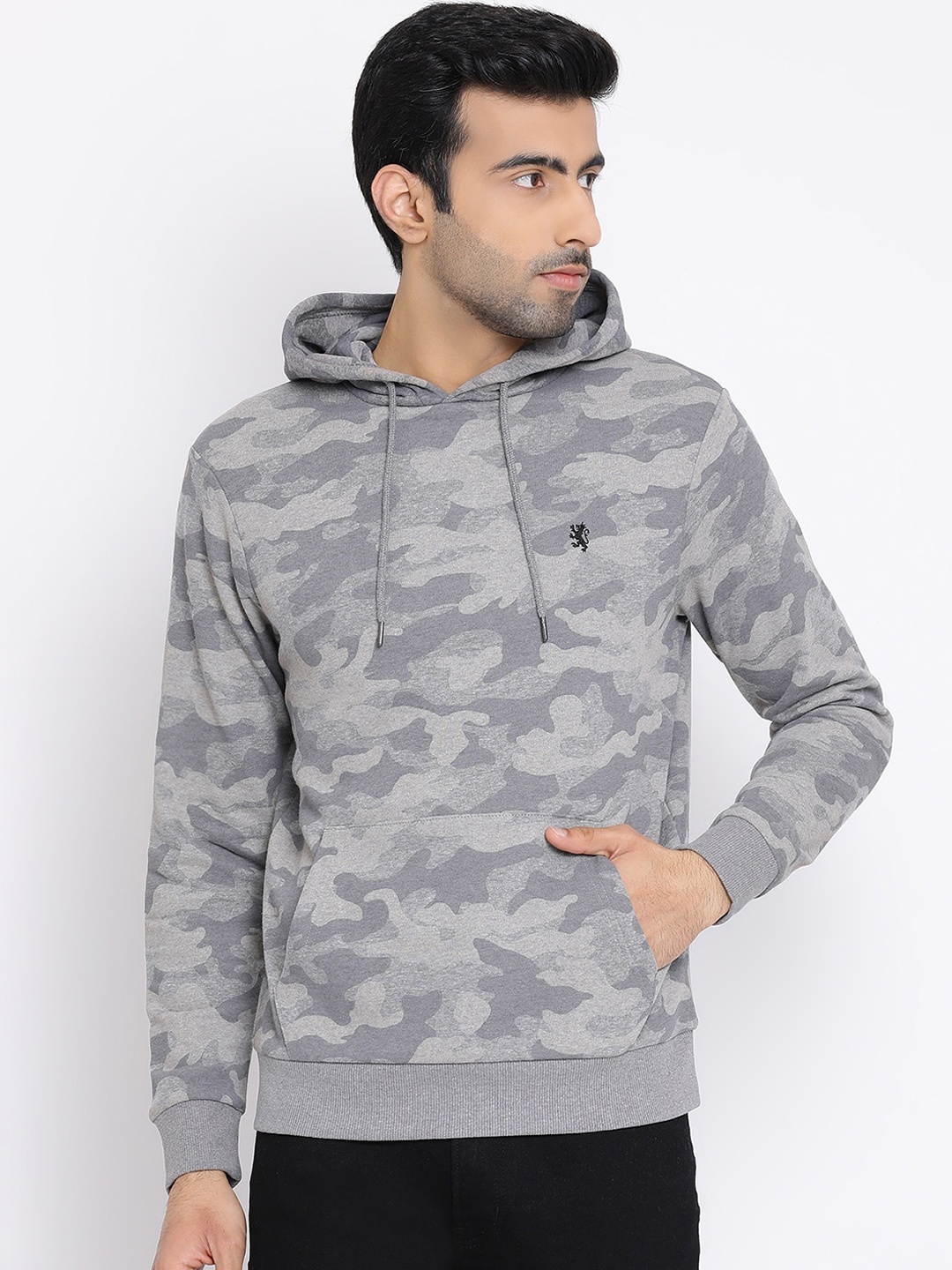 

Red Tape Men Grey & Blue Printed Hooded Sweatshirt